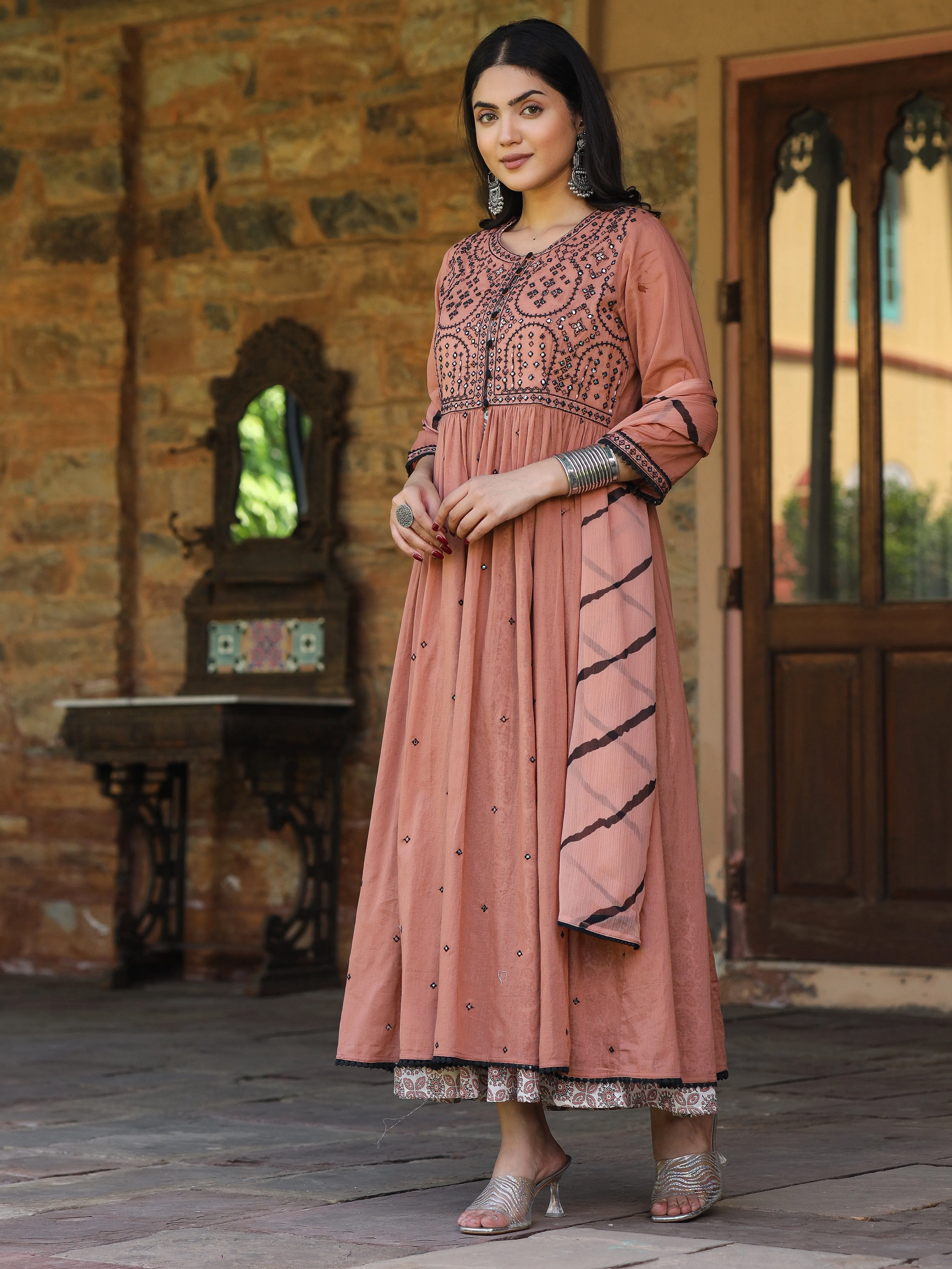 Jashvi Onion Pink & Black Cotton  Embroidered Anarkali Dress With Jacket & Tie-Dye Dupatta