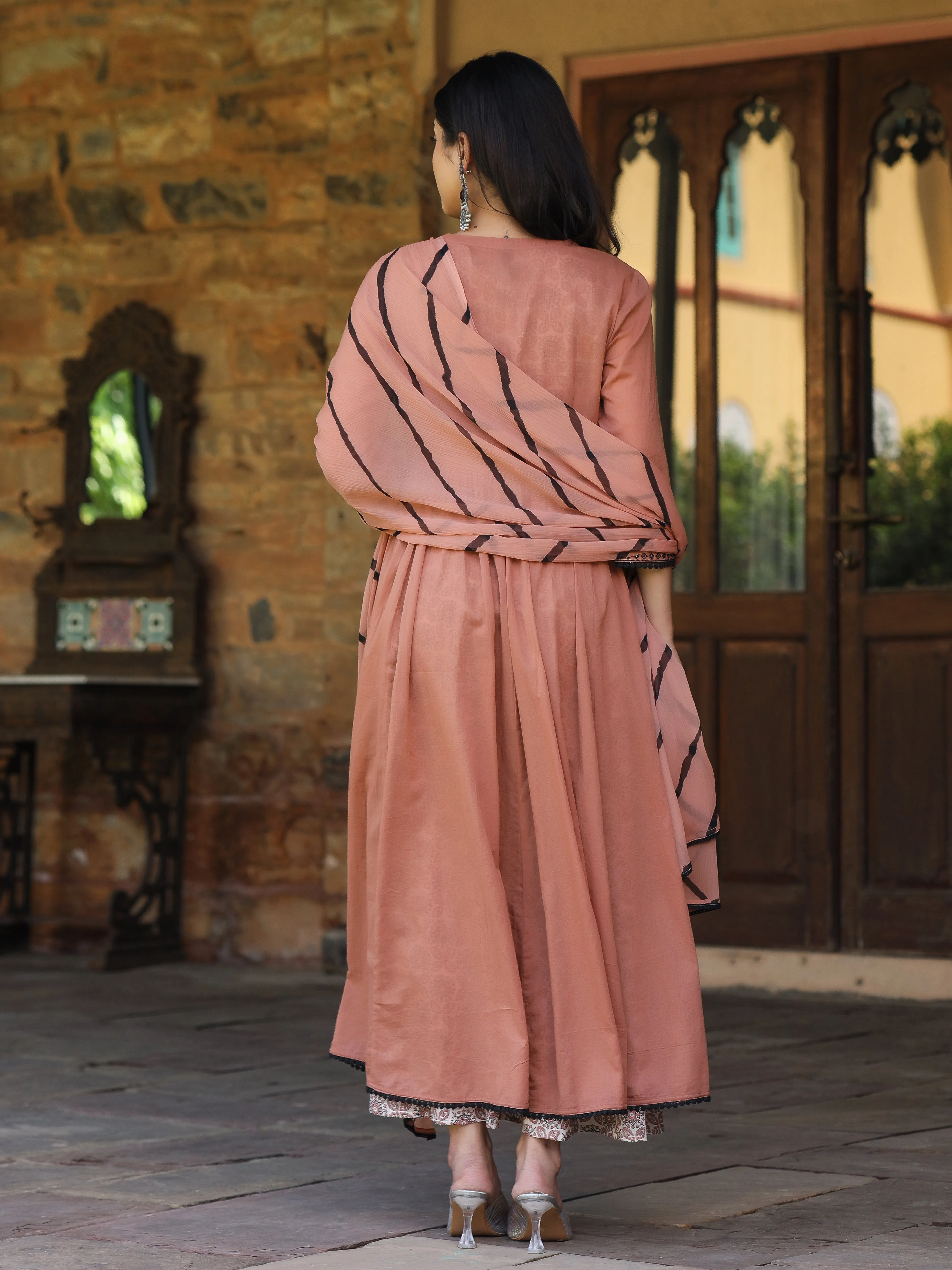 Jashvi Onion Pink & Black Cotton  Embroidered Anarkali Dress With Jacket & Tie-Dye Dupatta