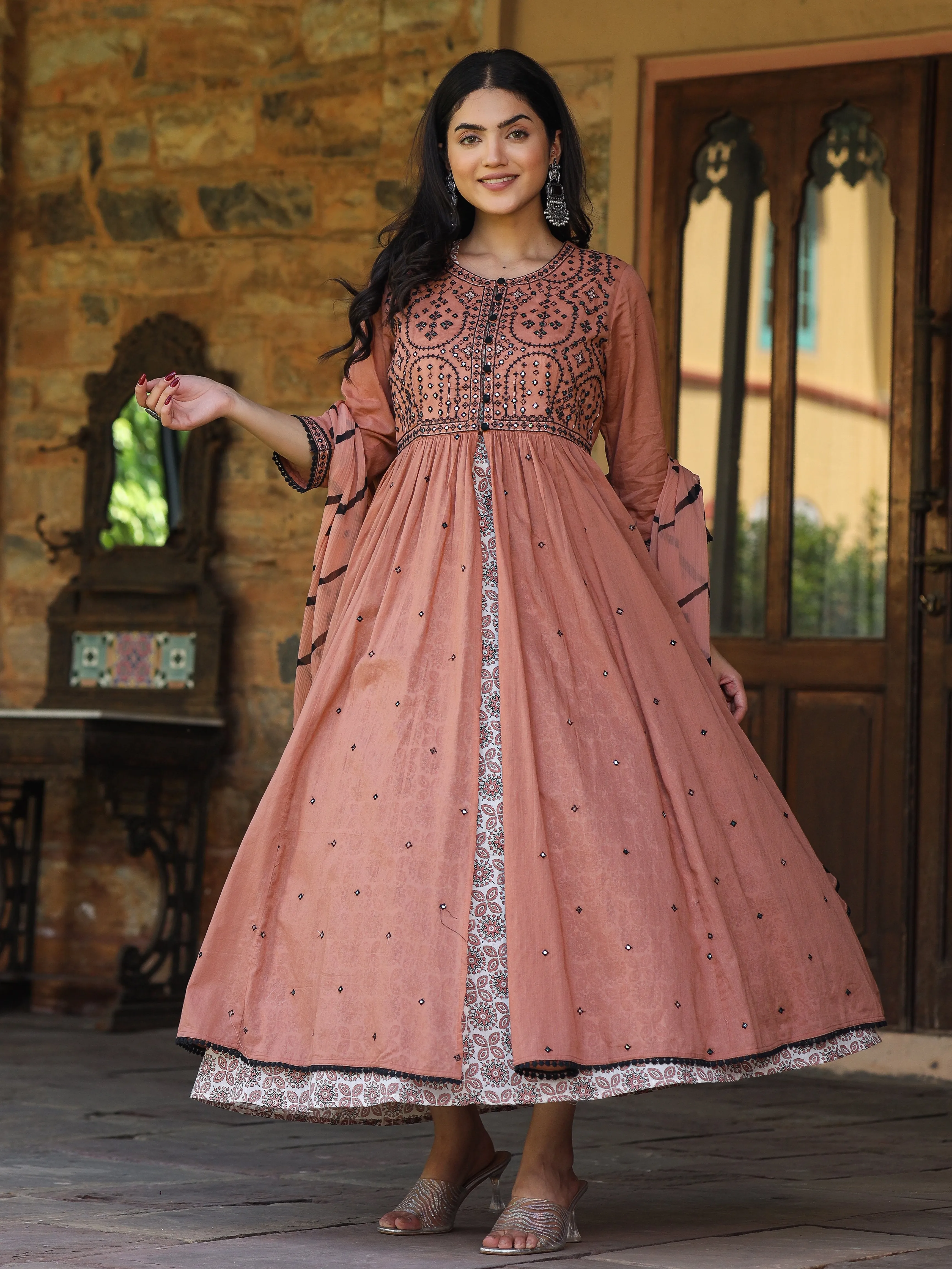 Jashvi Onion Pink & Black Cotton  Embroidered Anarkali Dress With Jacket & Tie-Dye Dupatta