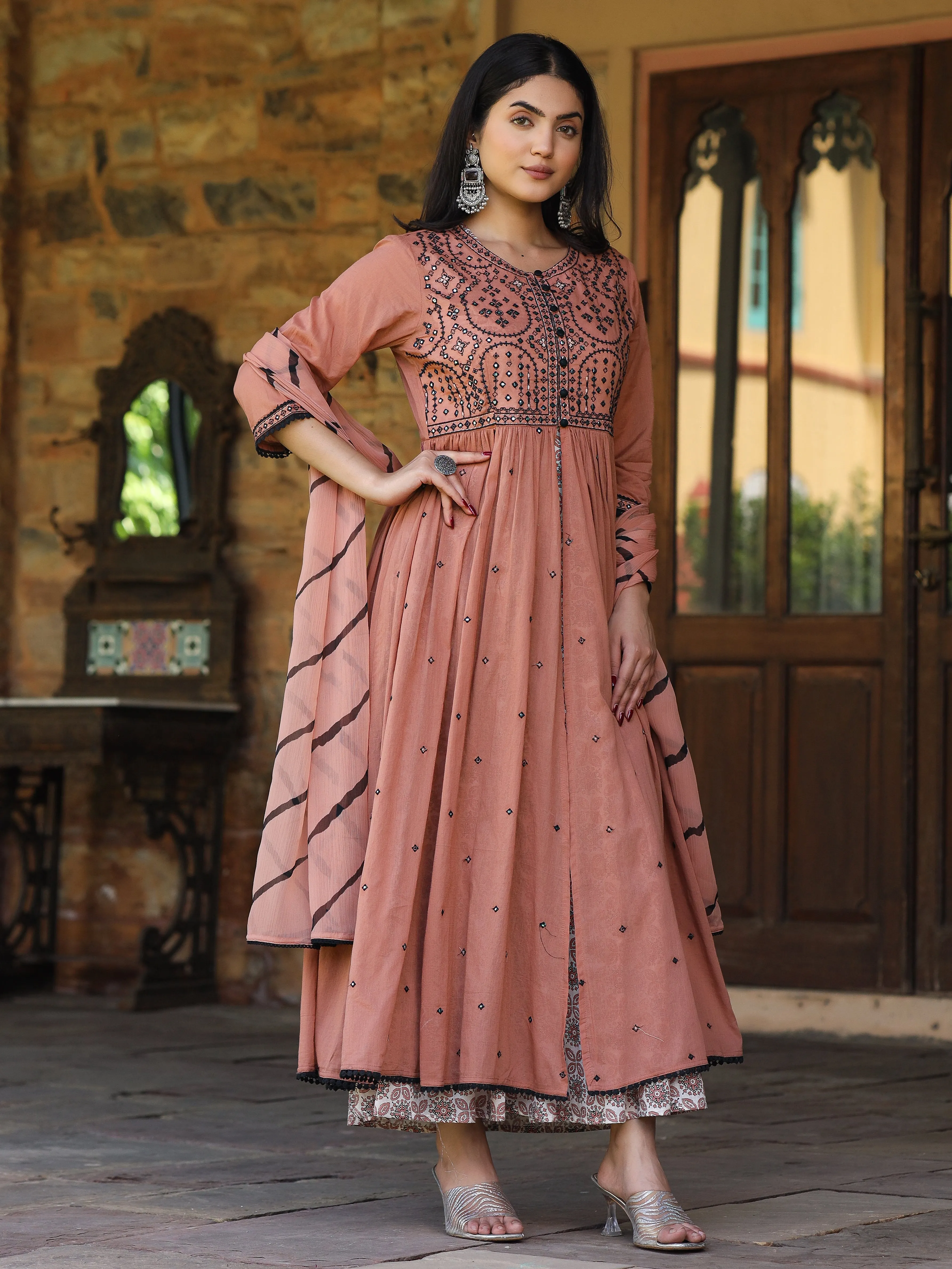 Jashvi Onion Pink & Black Cotton  Embroidered Anarkali Dress With Jacket & Tie-Dye Dupatta