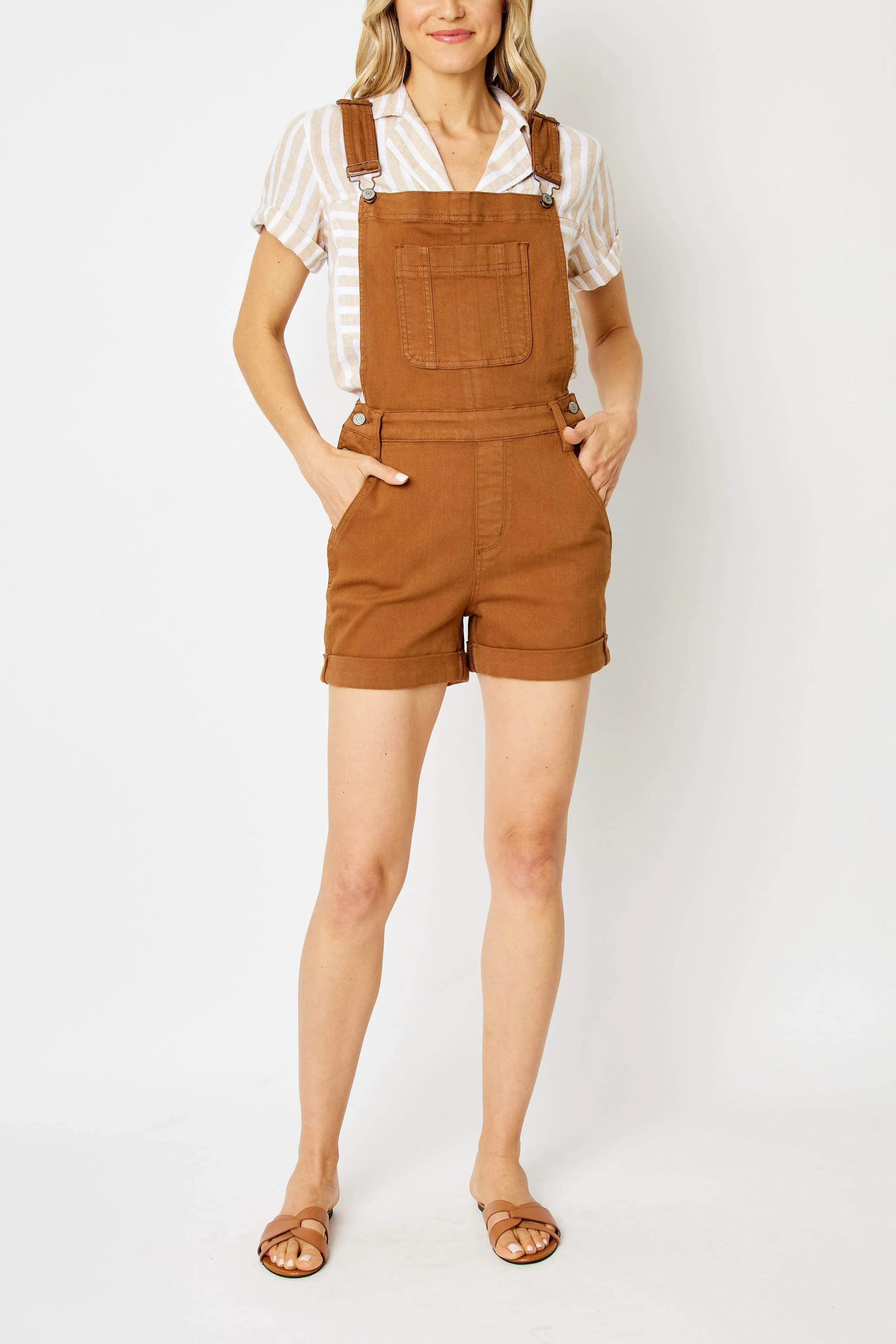 Judy Blue High Waist Garment Dyed Brown Destroy Cuffed Overall Denim Short 150241