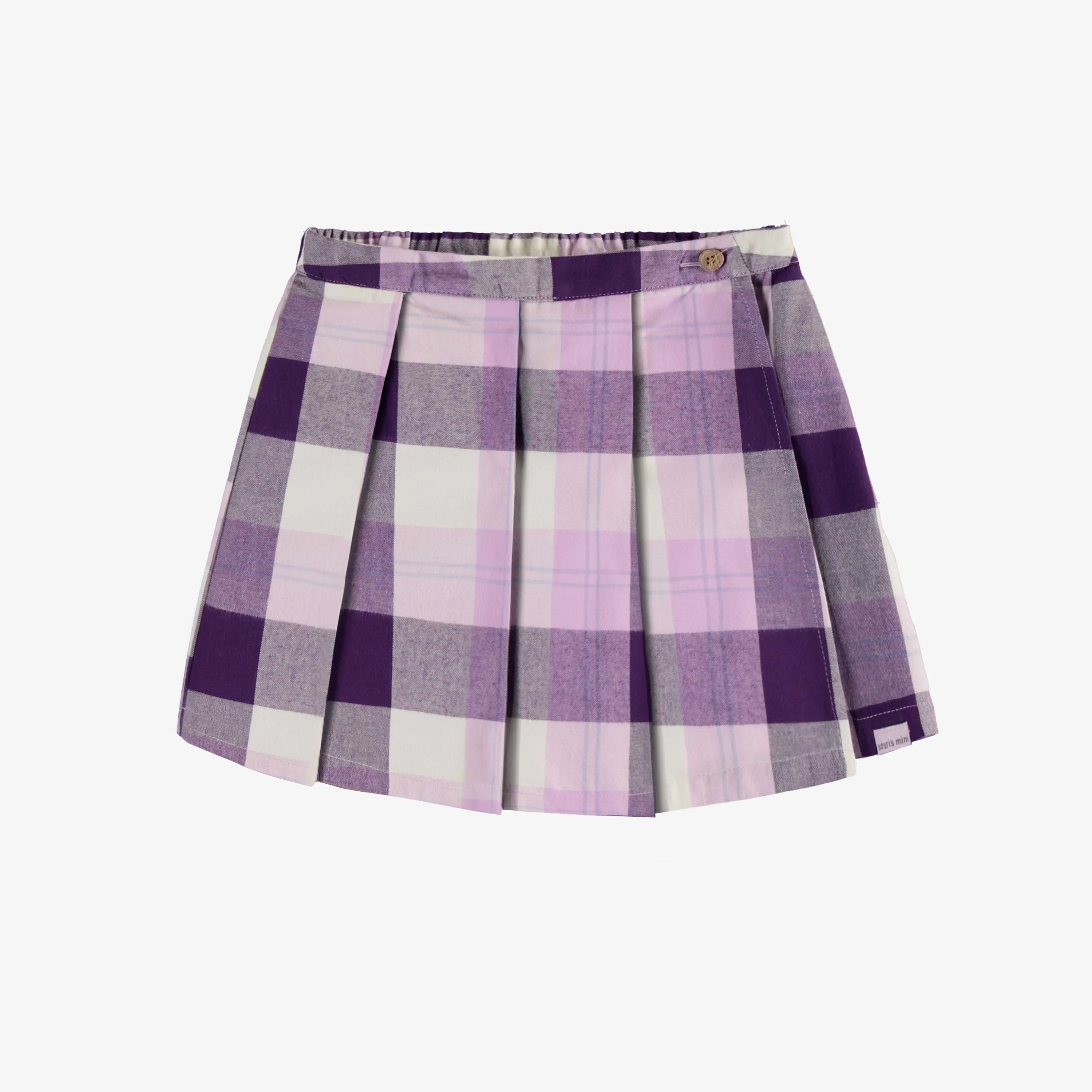 Jupe short mauve à plis et à carreaux en flanelle épaisse, enfant || Plaid purple pleated short skirt in heavy flannel, child