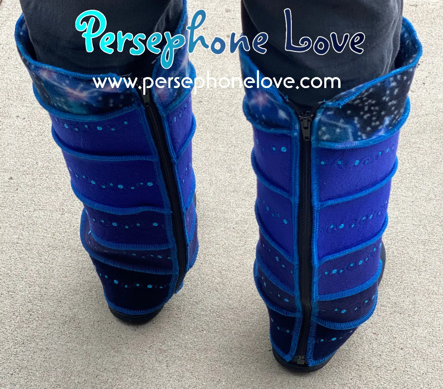 Katwise-inspired blue gradient fleece/wool embroidered sequins leg warmers-1459