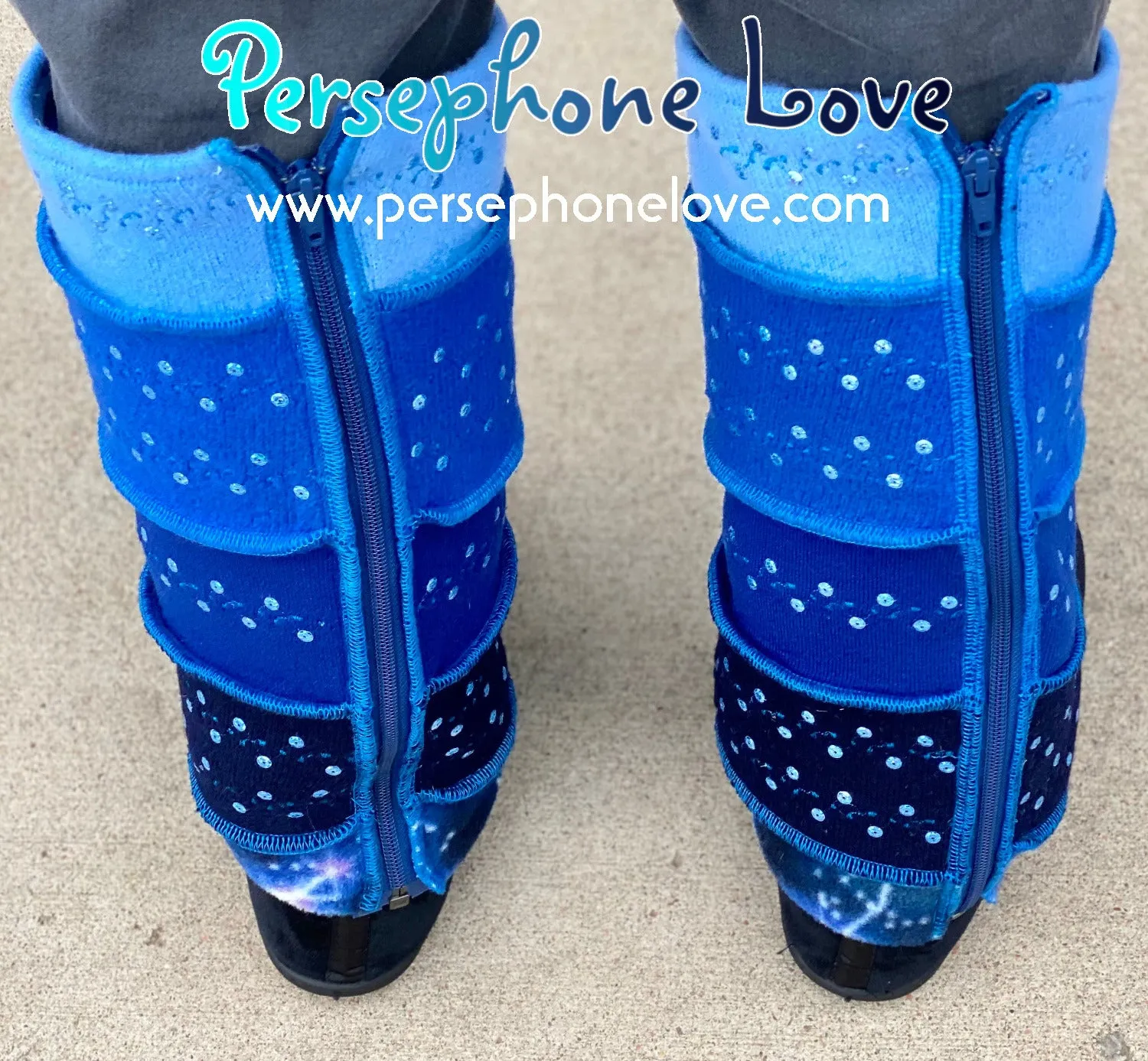 Katwise-inspired blue gradient fleece/wool embroidered sequins leg warmers-1461