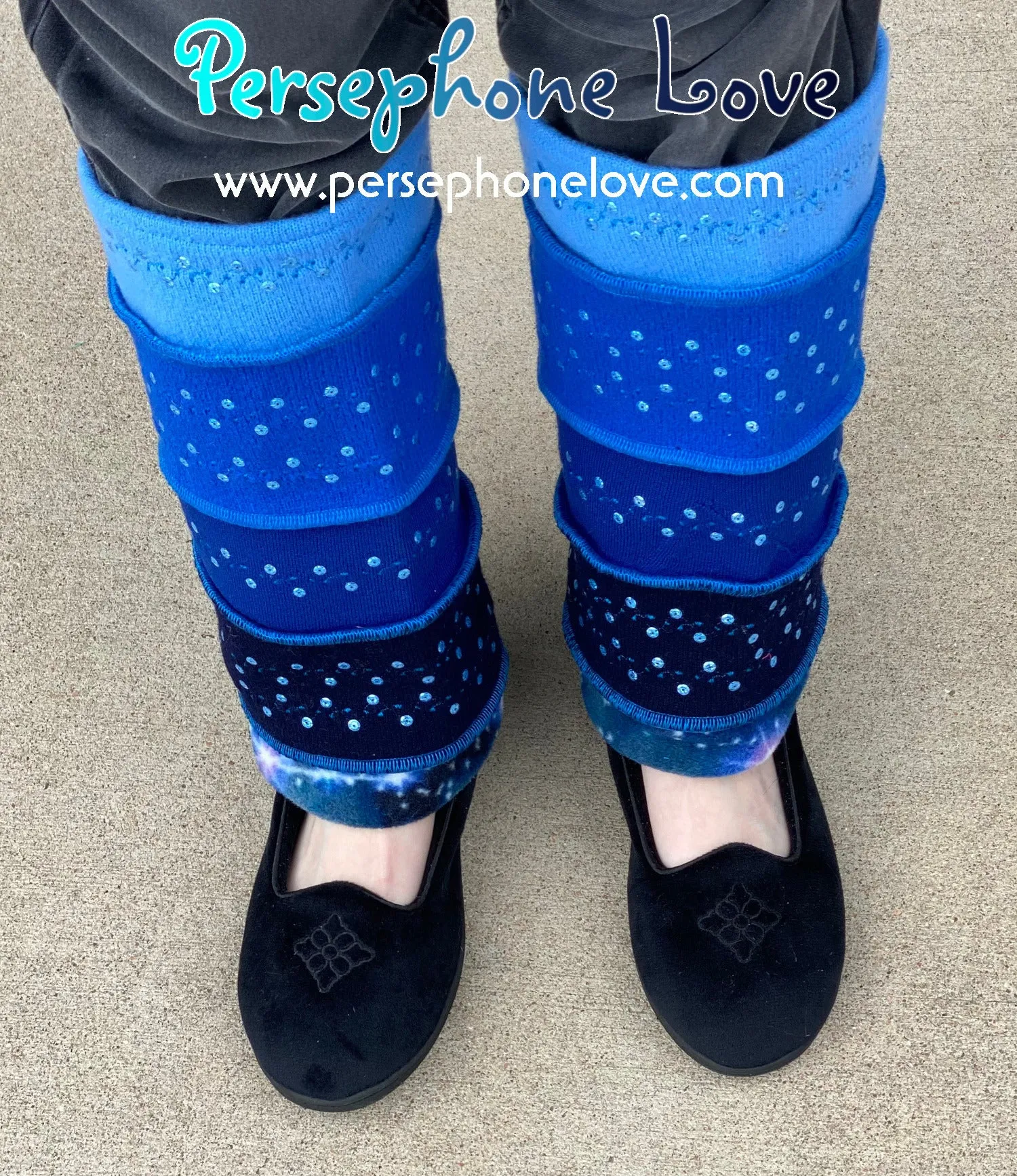 Katwise-inspired blue gradient fleece/wool embroidered sequins leg warmers-1461