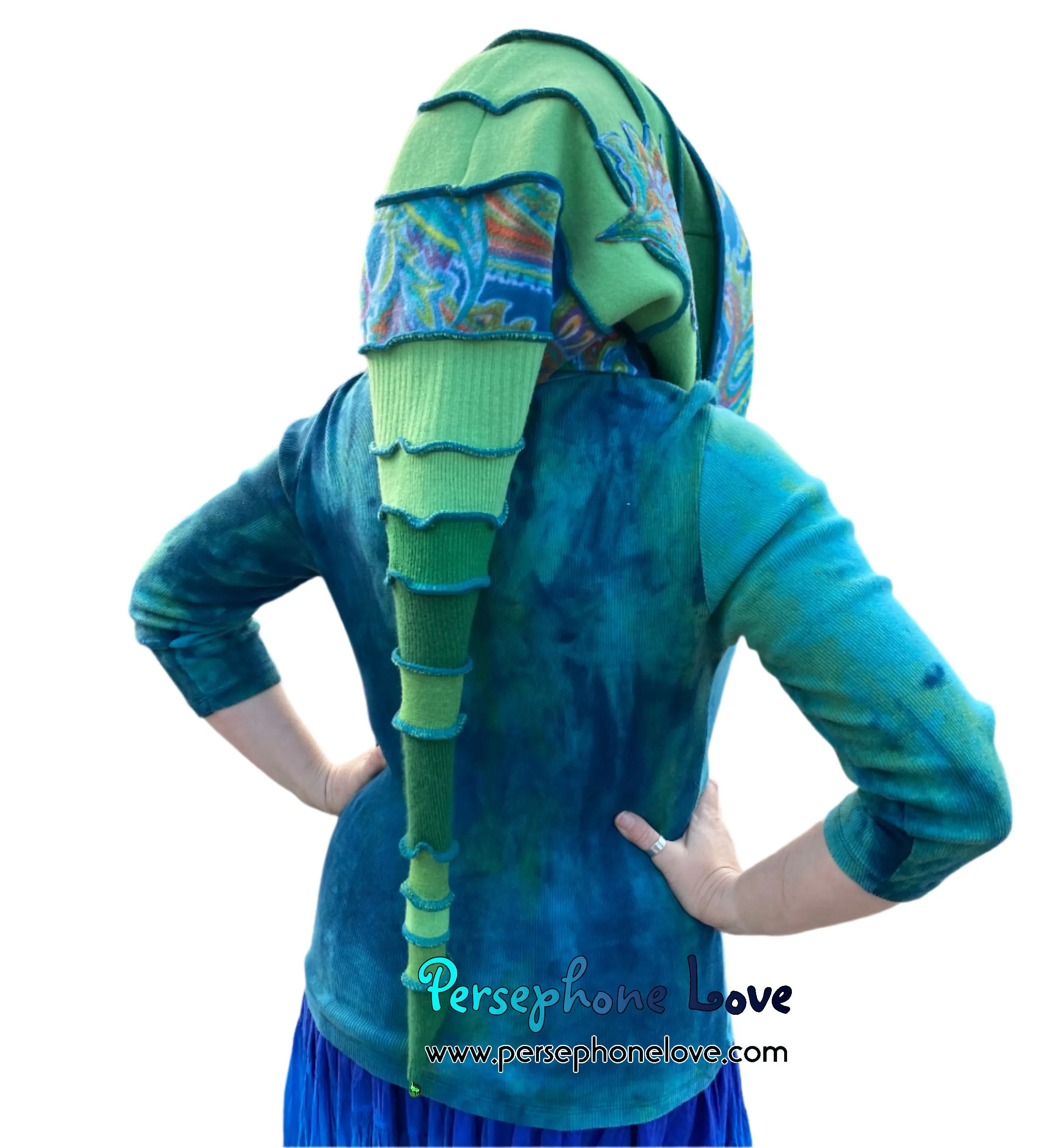 Katwise inspired green triple-felted cashmere/merino wool recycled sweater elf hat/hood-1685