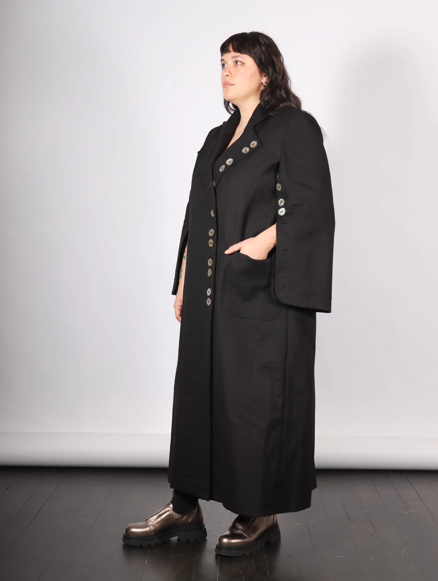 Khemelnyske Long Trench Coat in Black by KM by Lange