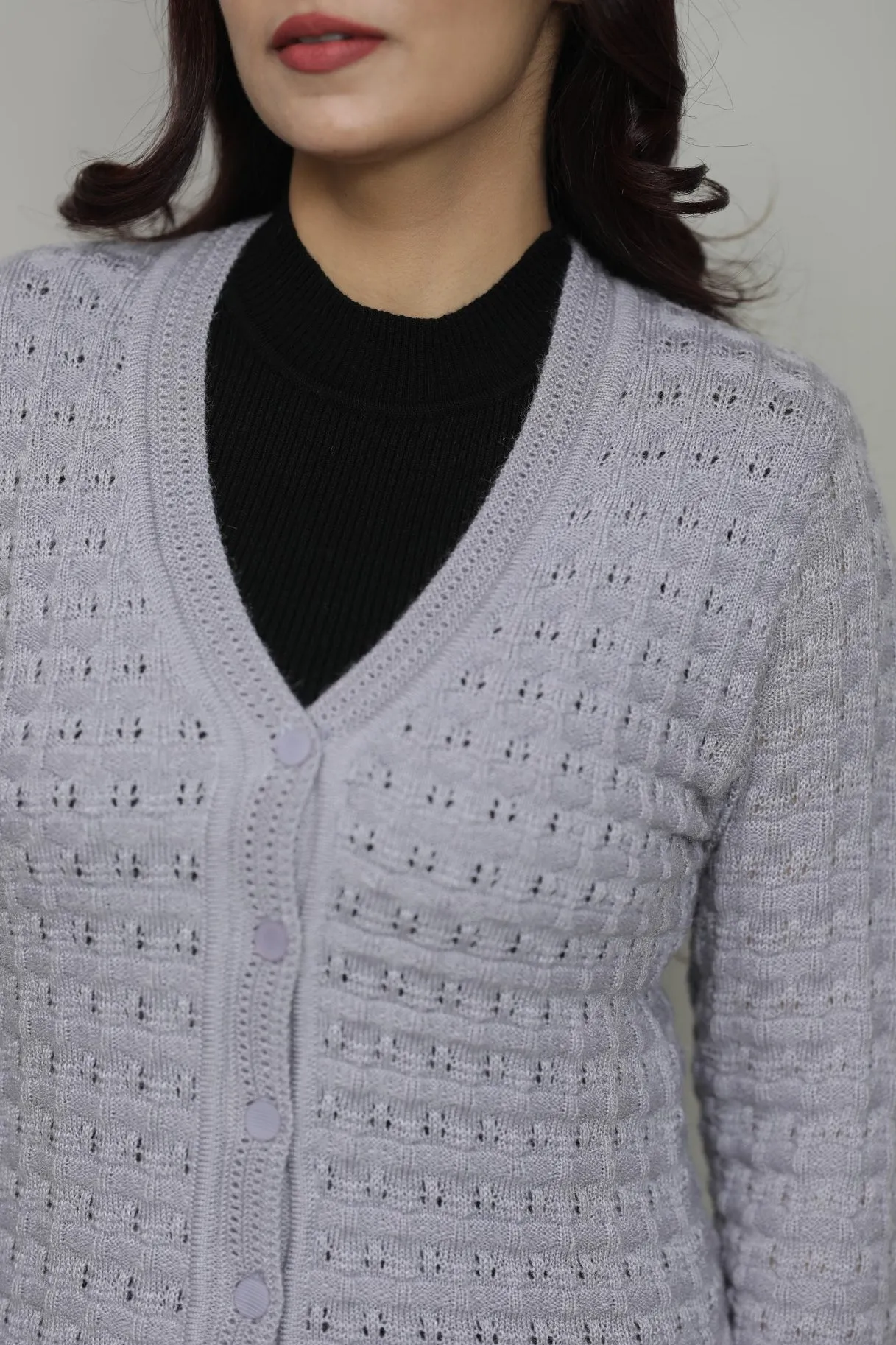 Knitted Self Design V-Neck Sweater