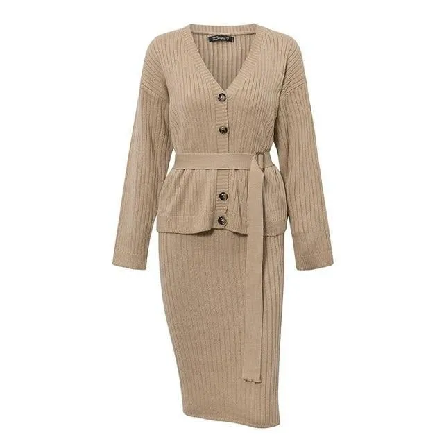 Knitted Sweater Elegant Autumn Winter Two Pieces Skirt Suit Long Sleeve Cardigan Midi Dress