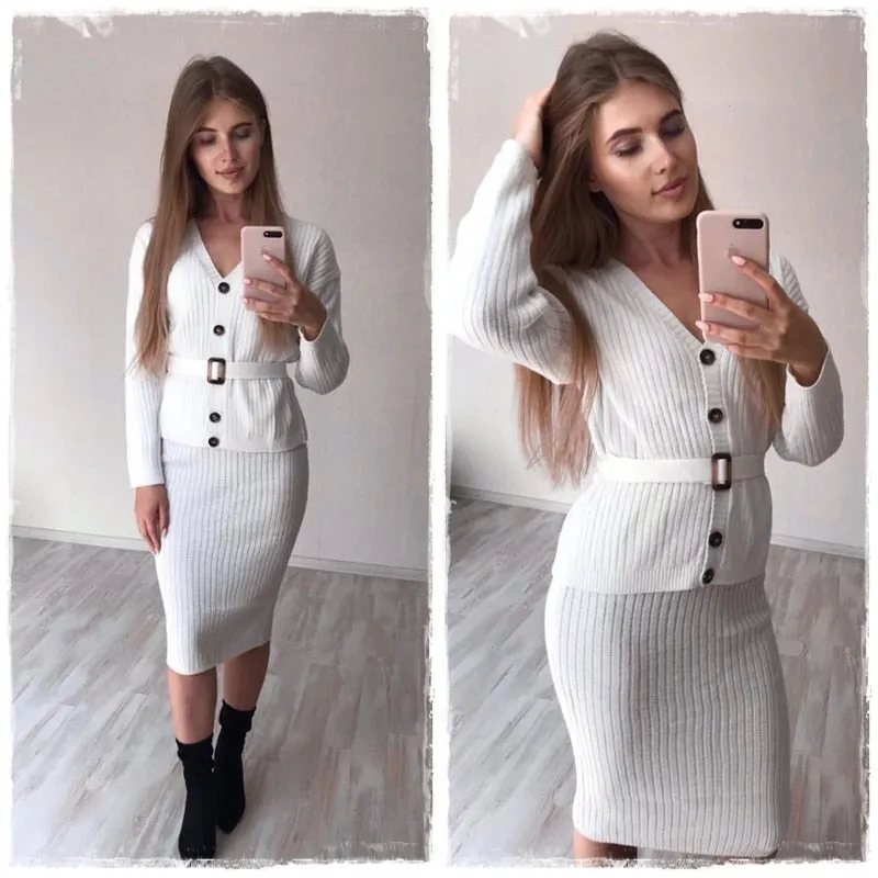 Knitted Sweater Elegant Autumn Winter Two Pieces Skirt Suit Long Sleeve Cardigan Midi Dress