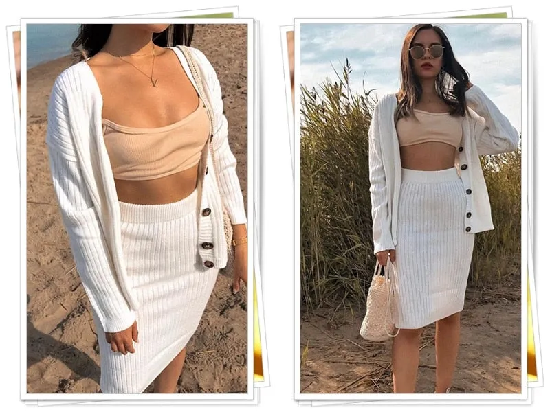 Knitted Sweater Elegant Autumn Winter Two Pieces Skirt Suit Long Sleeve Cardigan Midi Dress