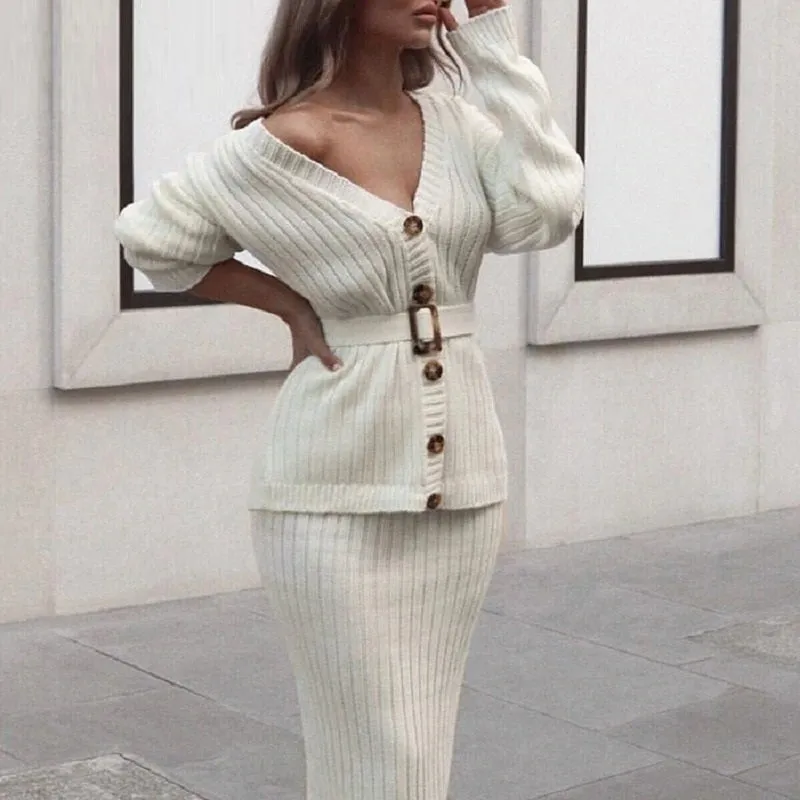 Knitted Sweater Elegant Autumn Winter Two Pieces Skirt Suit Long Sleeve Cardigan Midi Dress