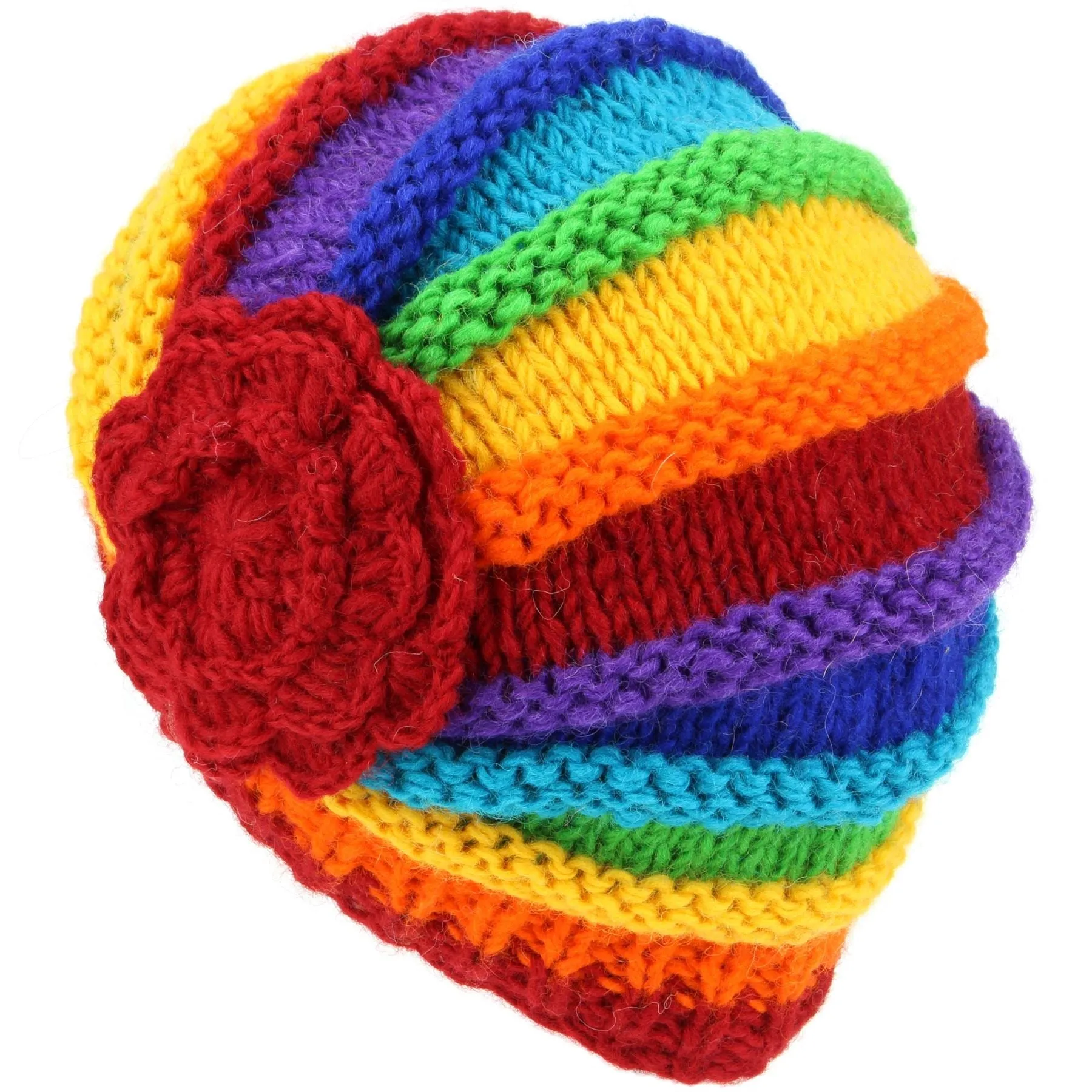 Ladies Chunky Wool Knit Shell Shaped Beanie Hat with Side Flower - Rainbow