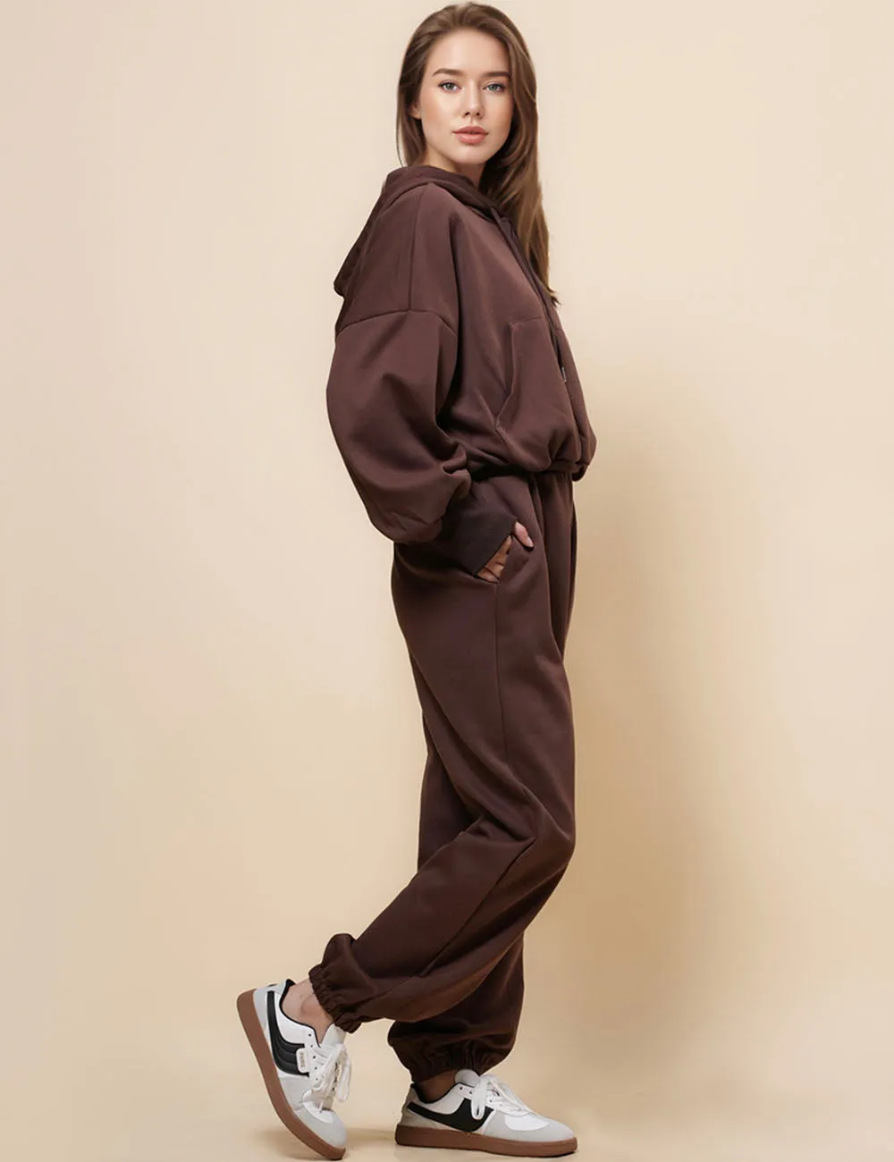 Ladies Solid Color Hoodie Pant 2PCS Daily Set 9261