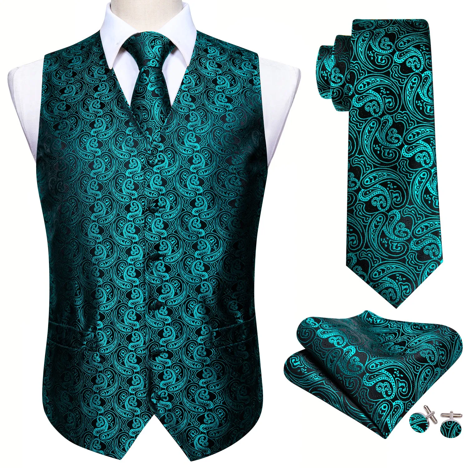 Lake Blue Paisley Jacquard Silk Men's Vest Hanky Cufflinks Tie Set