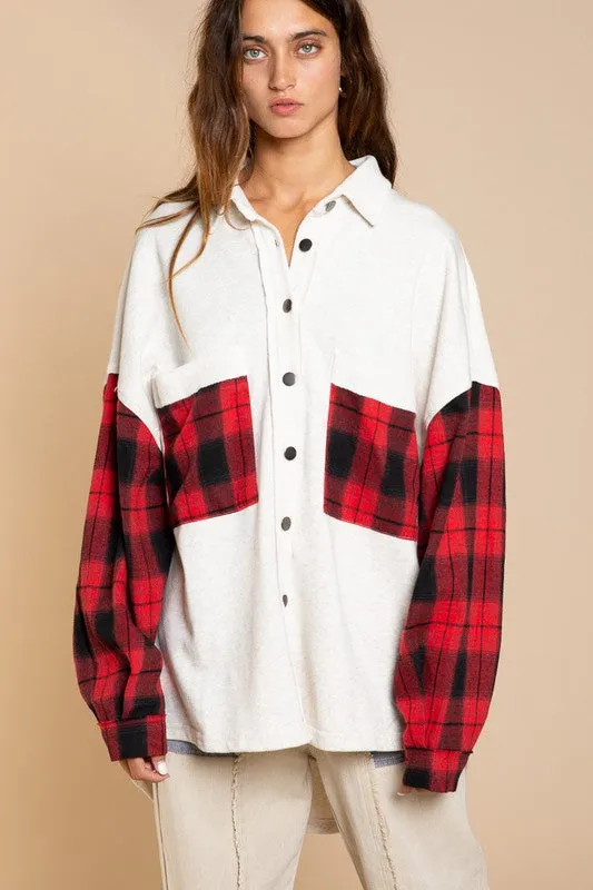 Leaves and Lattes Long Sleeve With Plaid Detail POL Sleeve POL Shacket