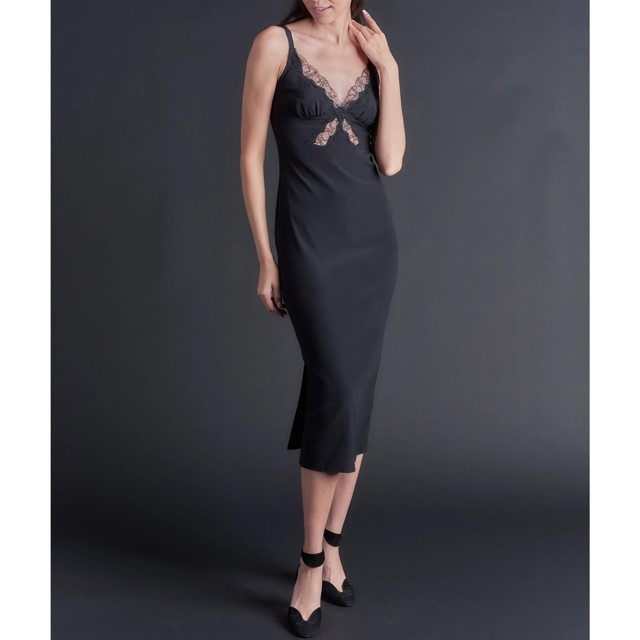 Long Laetitia Slip in Black Stretch Silk Charmeuse