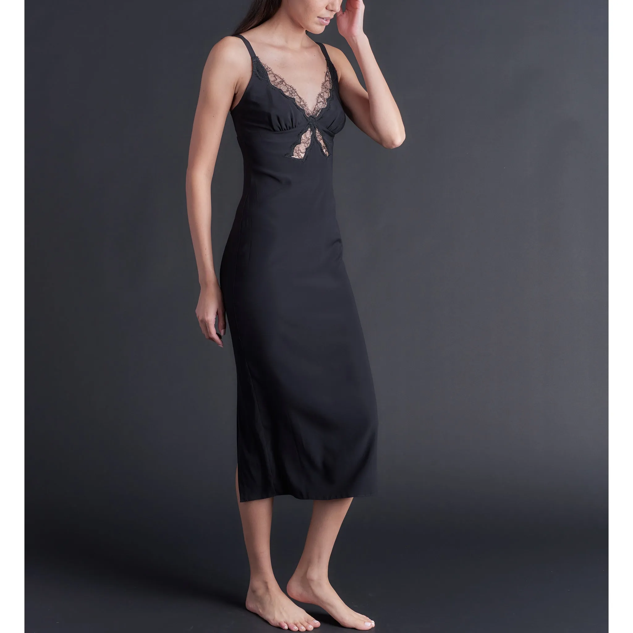 Long Laetitia Slip in Black Stretch Silk Charmeuse