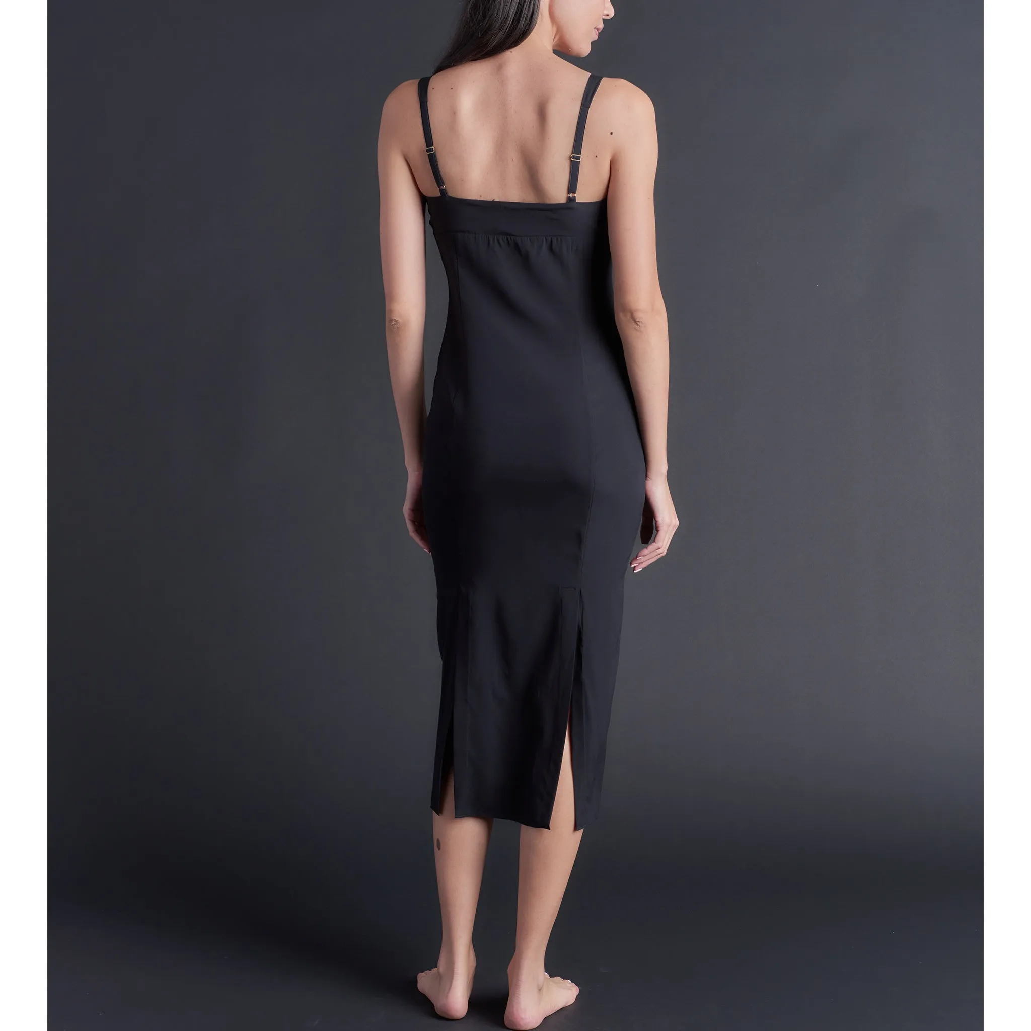 Long Laetitia Slip in Black Stretch Silk Charmeuse