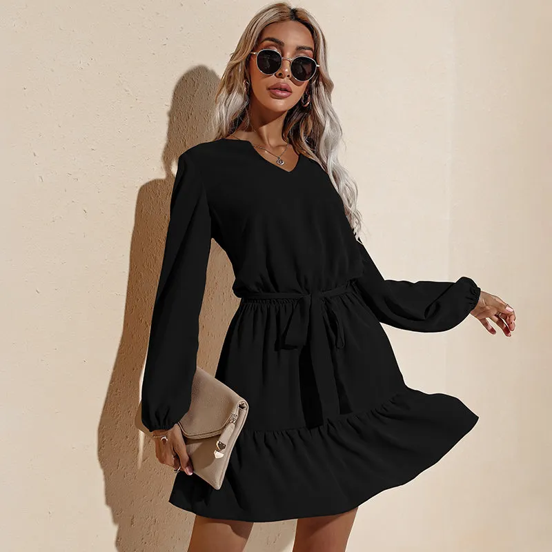 Long Sleeve Tied Waist Tunic Dress