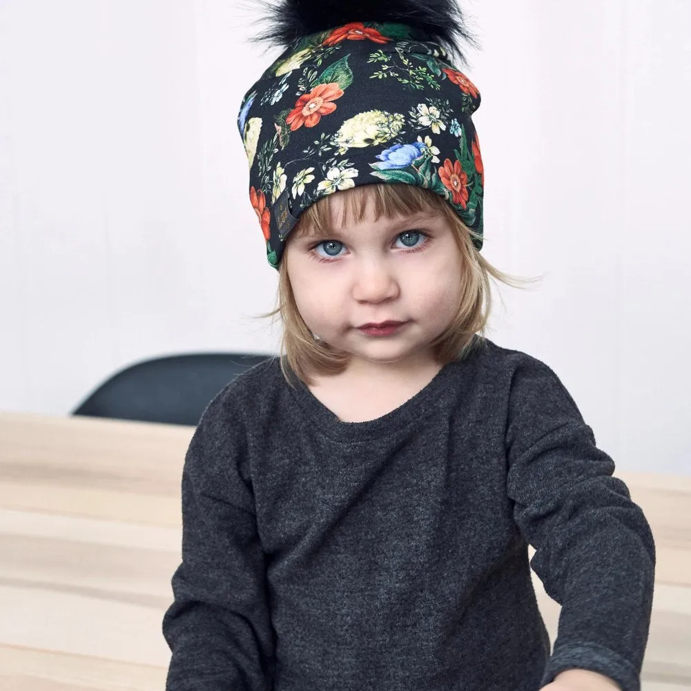 Lox Lion Single Pom Pom Bamboo Beanie - Floral (XS, 0-3 Months)