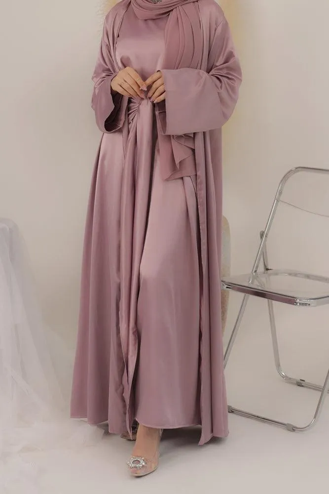 Lunamia three piece abaya with slip dress apron piece and throw over in satin fabric