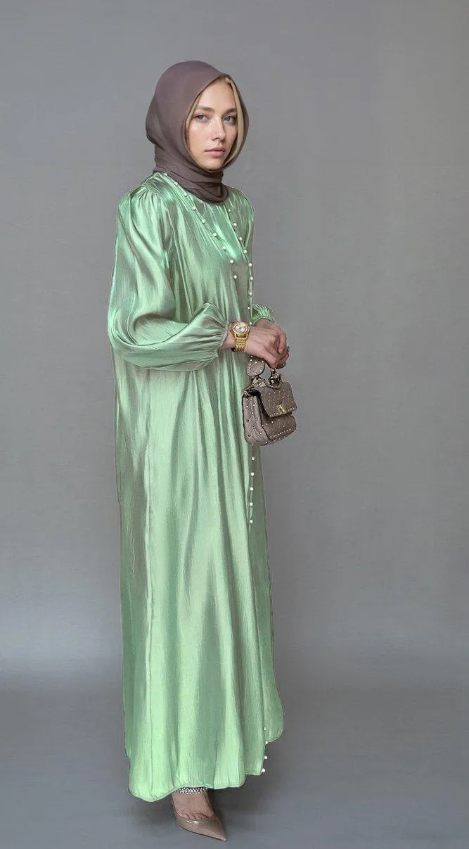 Lusindi organza like faux pearl abaya with slip dress and detachable belt ramadan eid set in light green