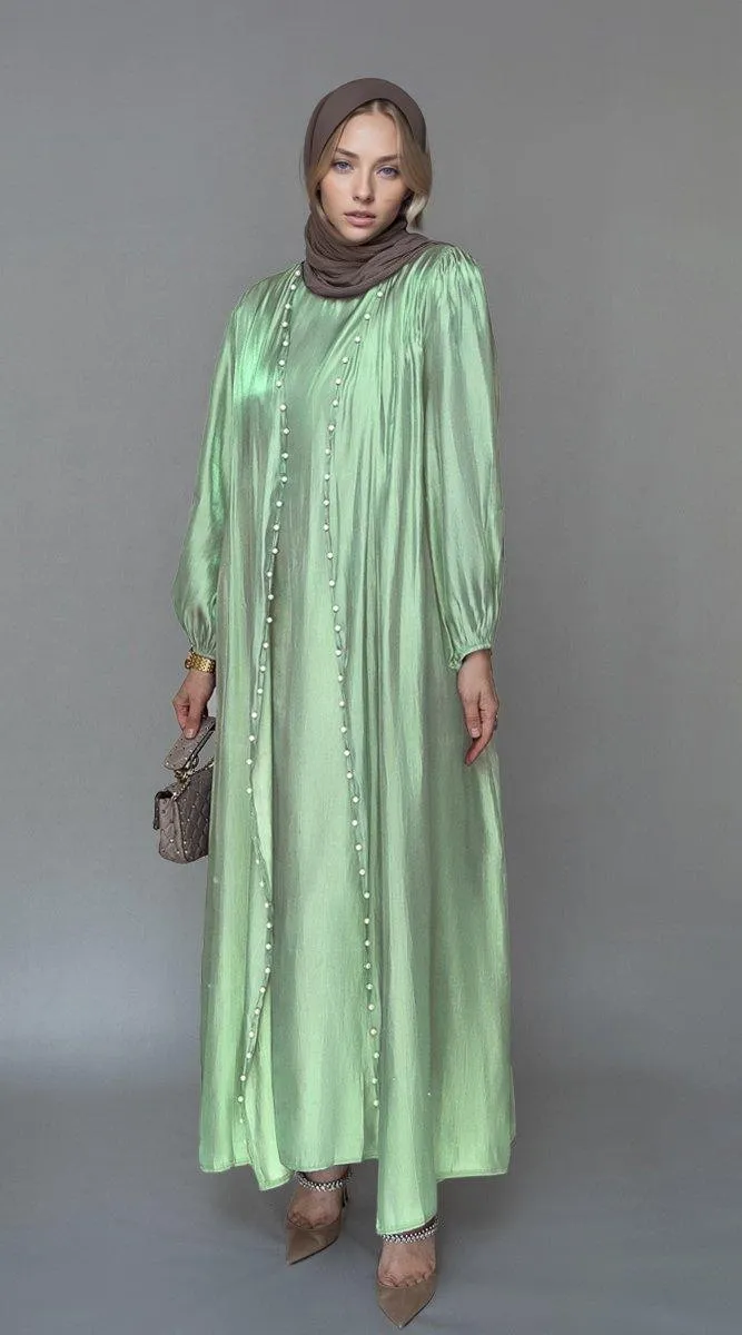 Lusindi organza like faux pearl abaya with slip dress and detachable belt ramadan eid set in light green