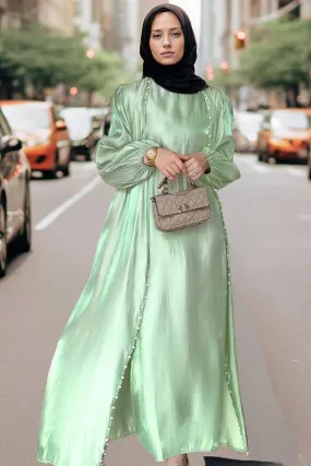 Lusindi organza like faux pearl abaya with slip dress and detachable belt ramadan eid set in light green