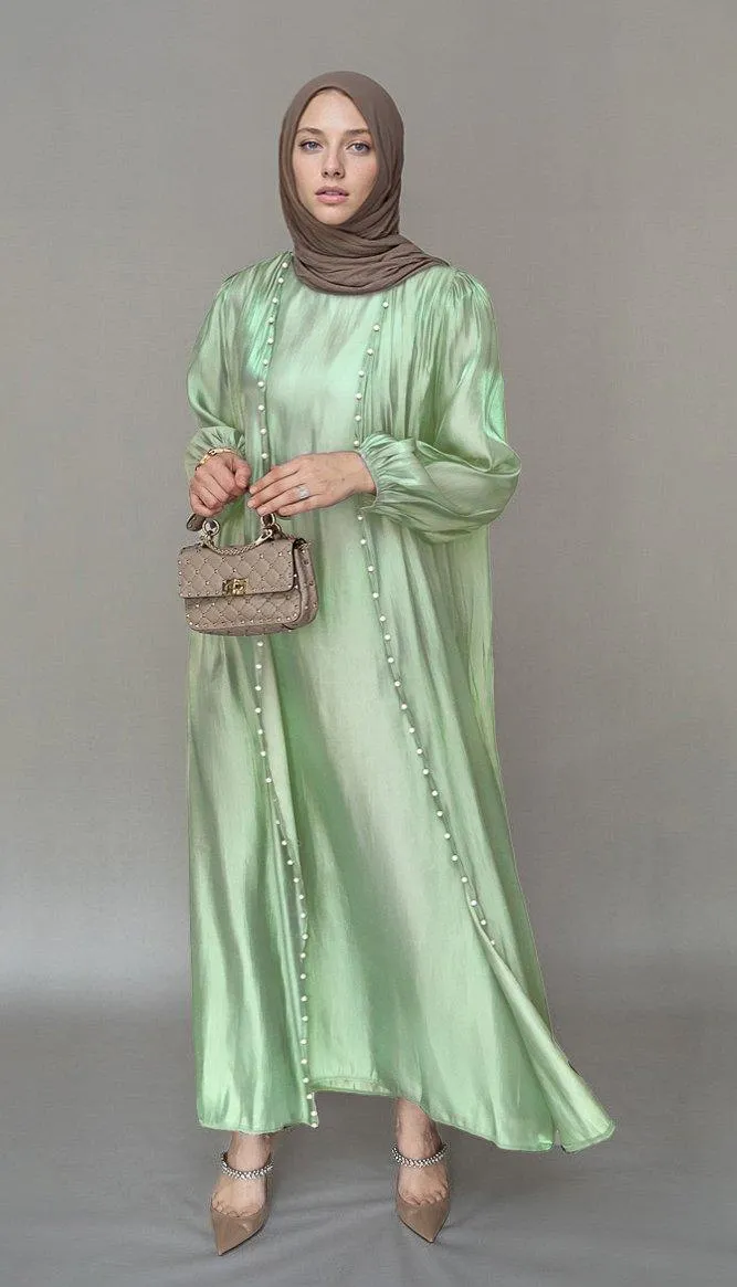 Lusindi organza like faux pearl abaya with slip dress and detachable belt ramadan eid set in light green