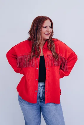 Maggie Micro Corduroy Fringe Shacket - Red