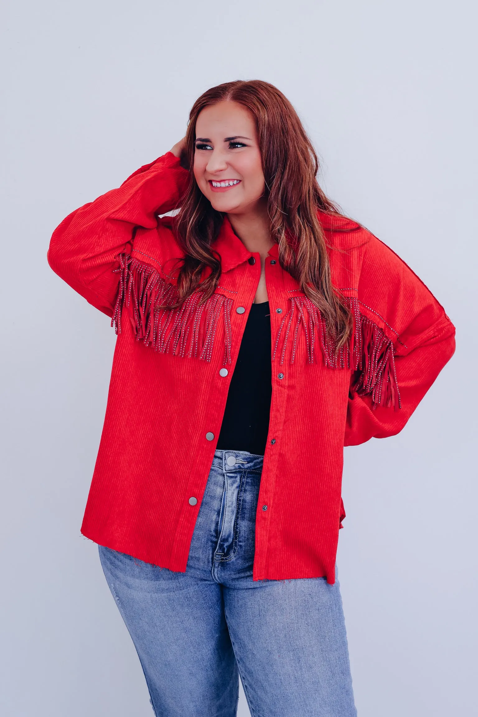 Maggie Micro Corduroy Fringe Shacket - Red