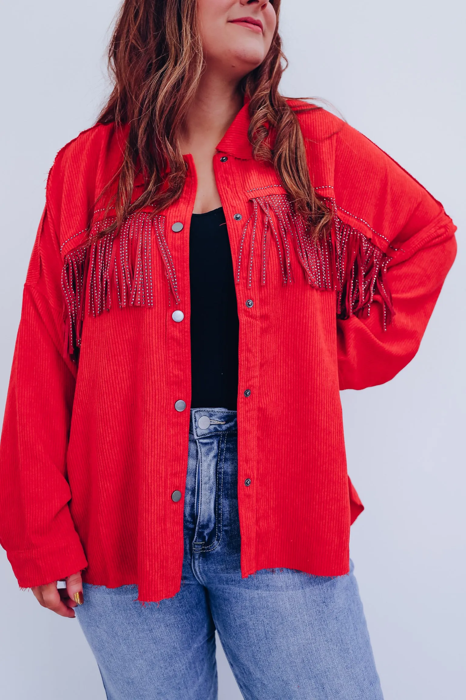 Maggie Micro Corduroy Fringe Shacket - Red