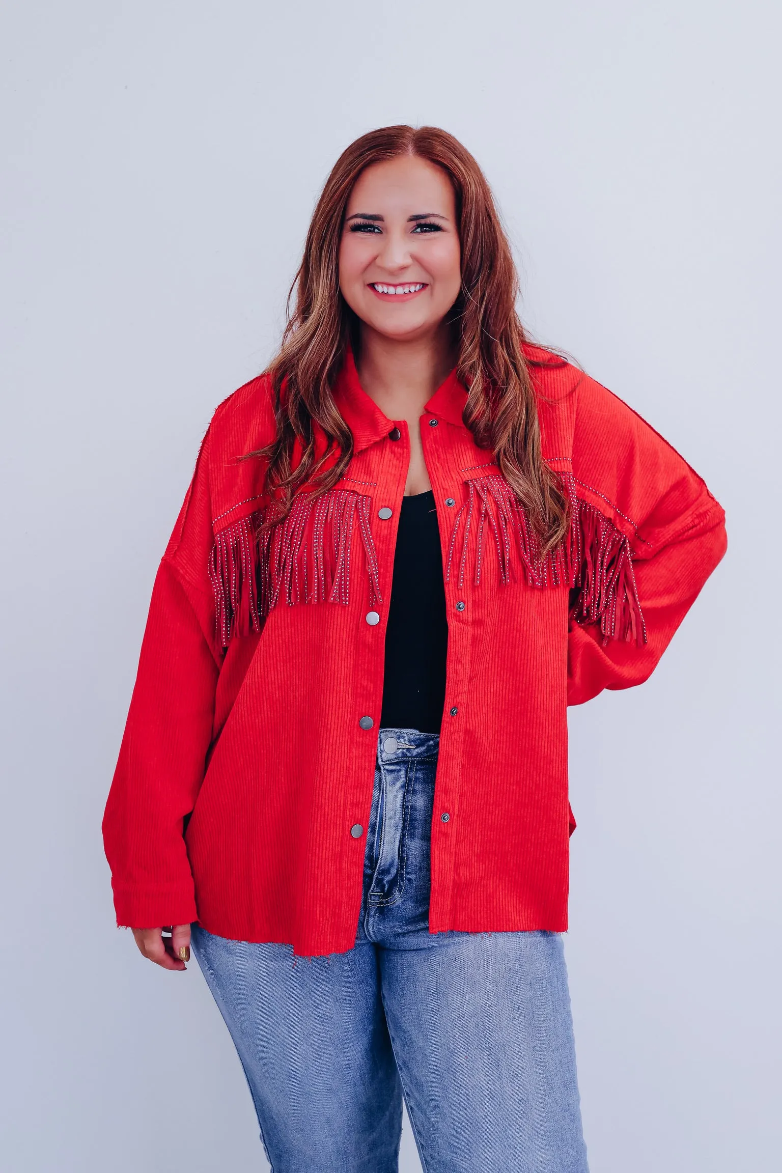 Maggie Micro Corduroy Fringe Shacket - Red