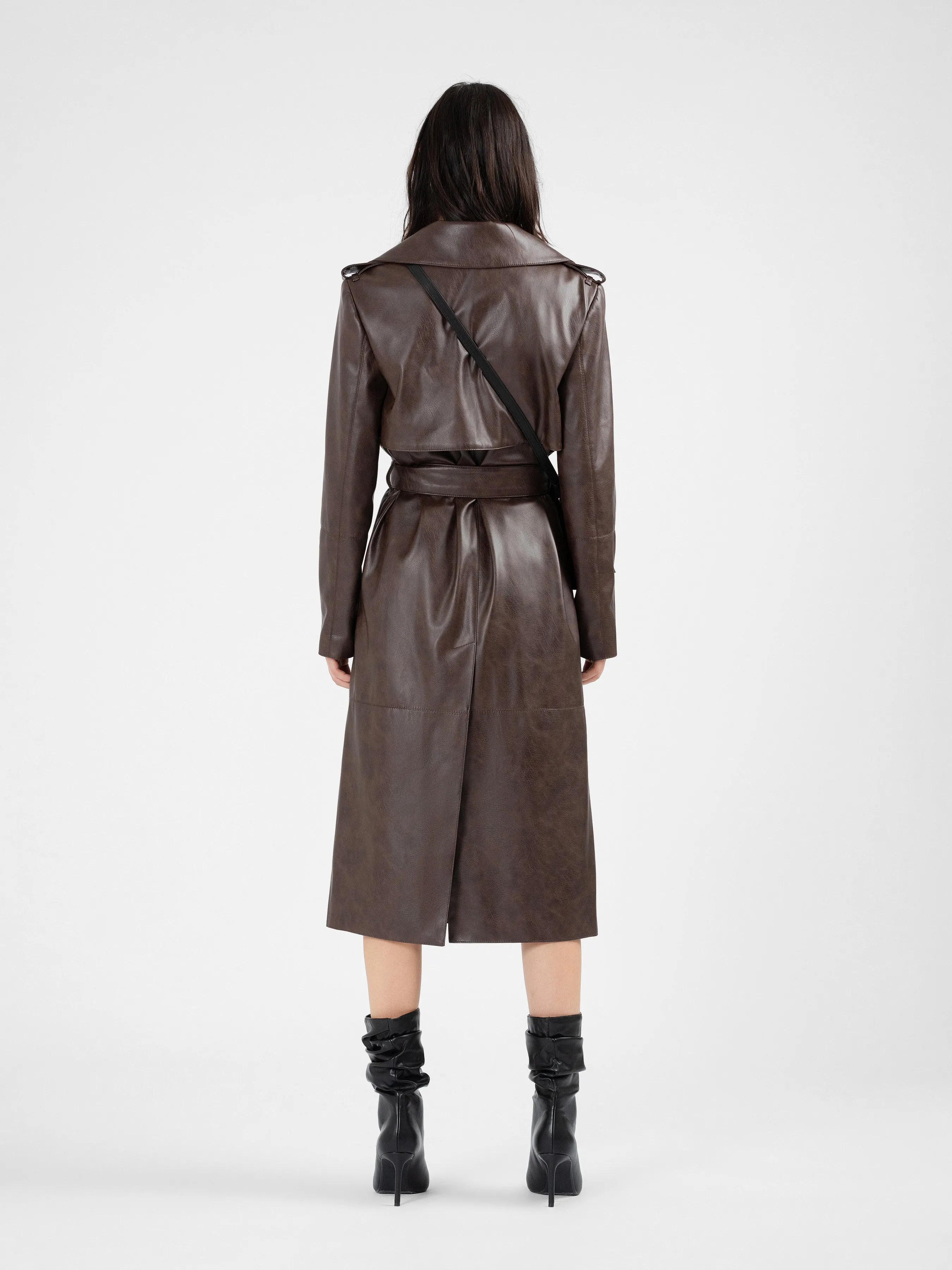 MANILA brown vegan leather trench coat