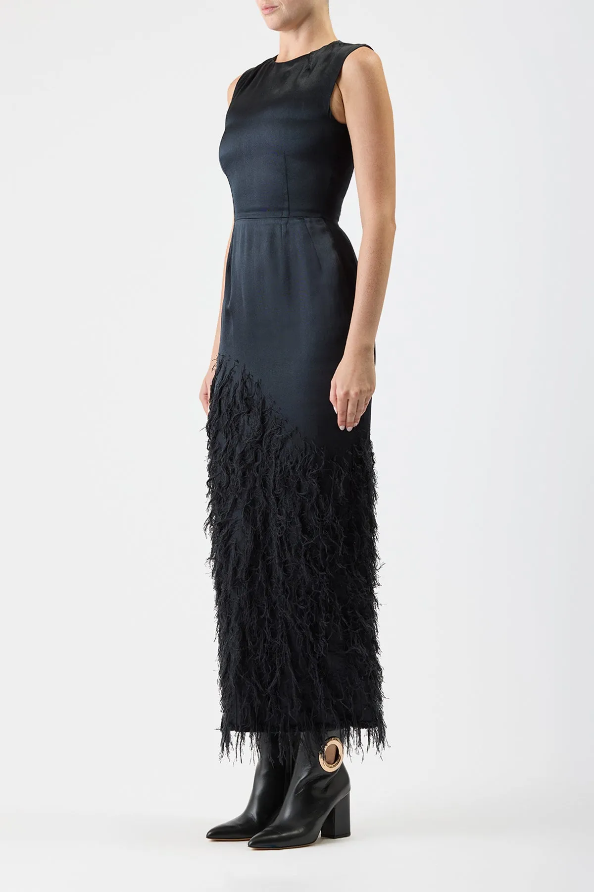 Maslow Feather Maxi Dress in Black Silk Satin