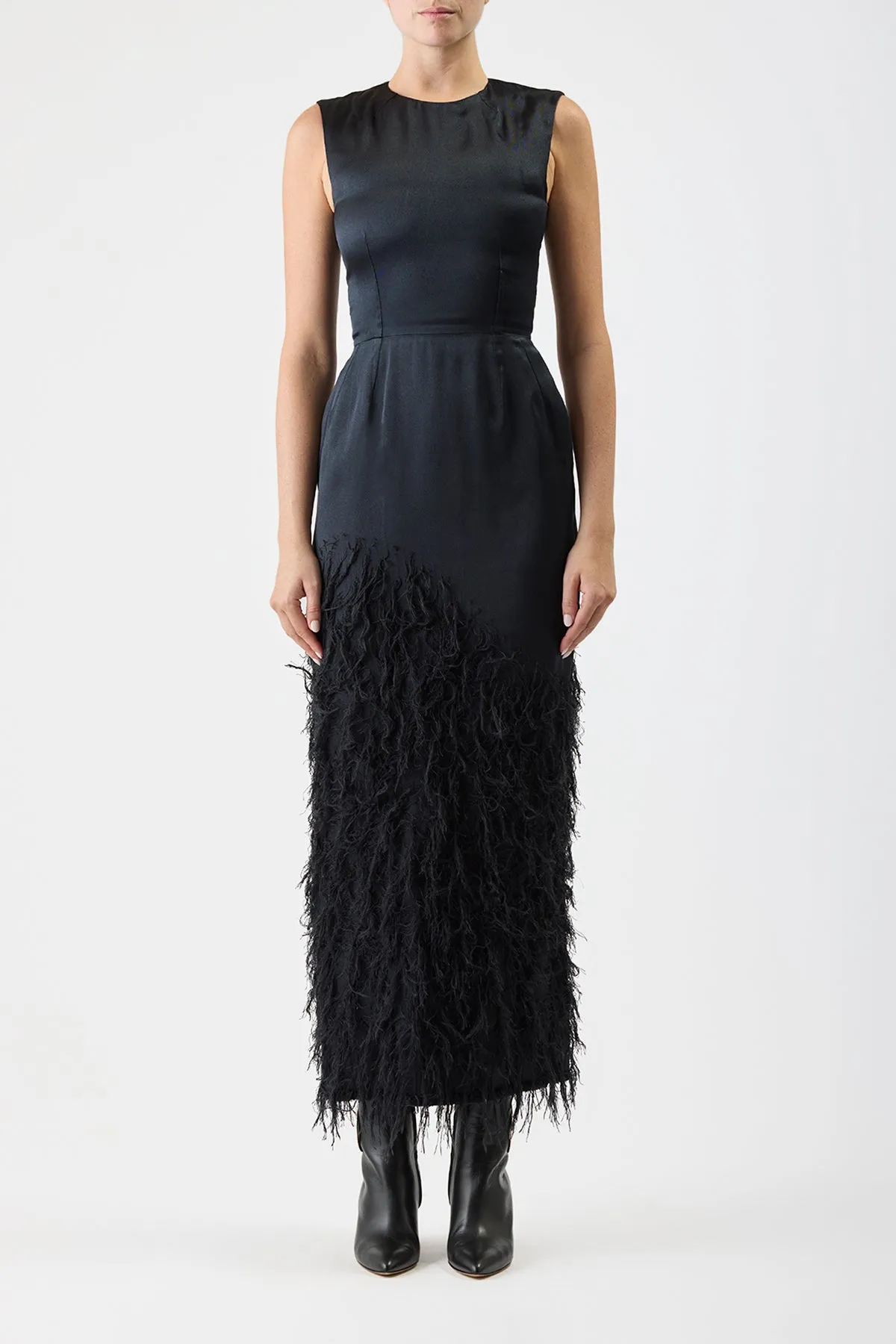 Maslow Feather Maxi Dress in Black Silk Satin