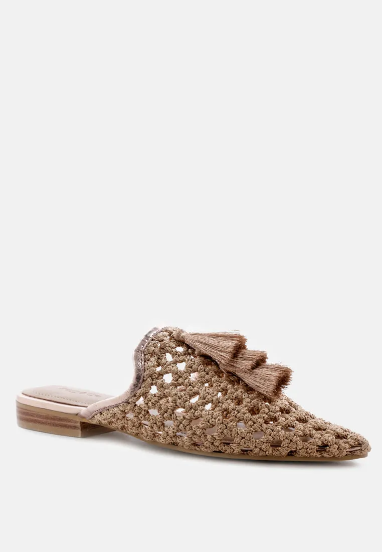 MELANIE Gold Tassels Embellished Woven Flat Mules