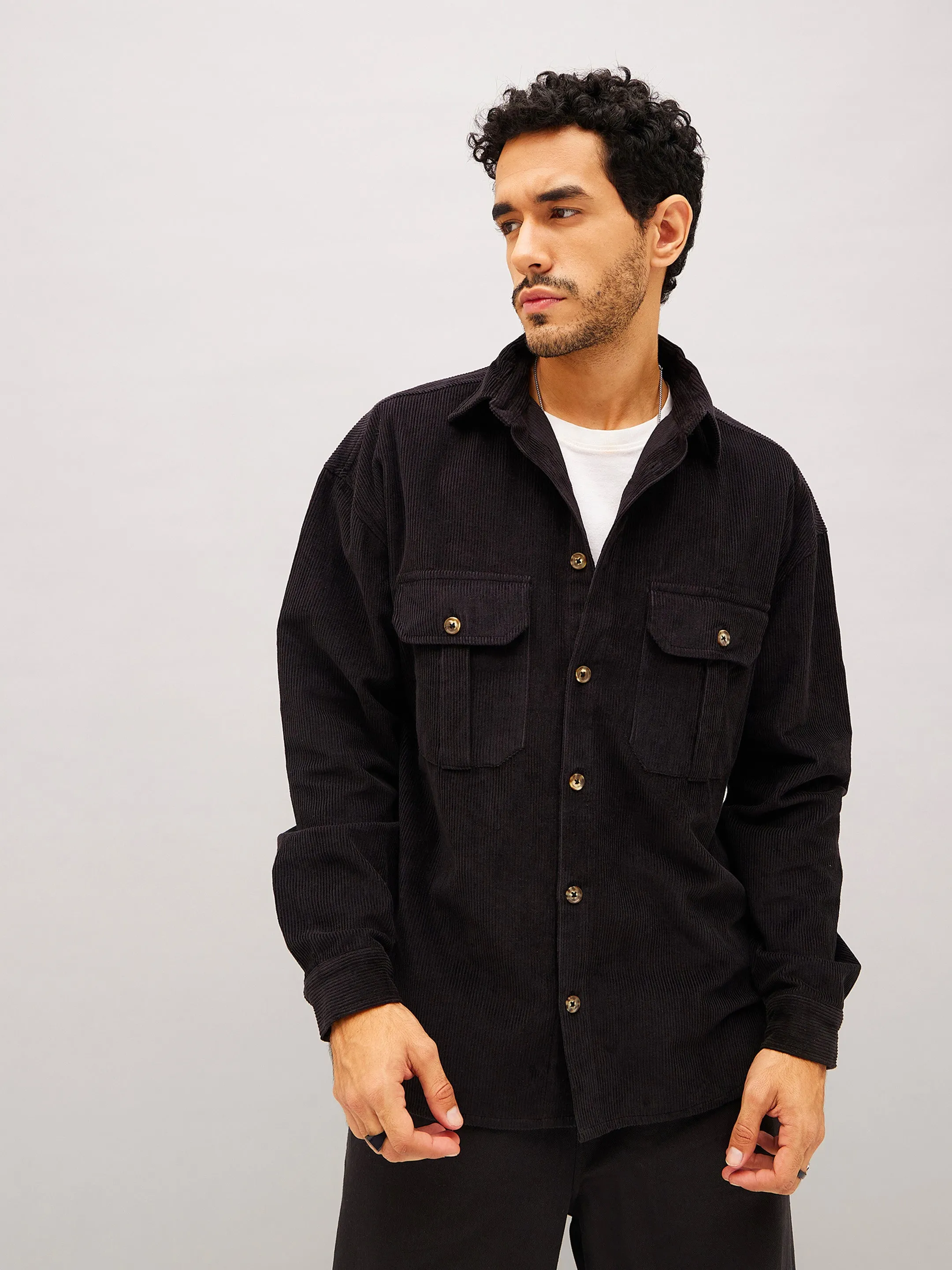 Men Black Corduroy Oversized Shacket