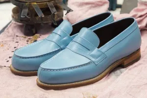 Men's Handmade Blue Penny Loafer Leather Slip On Moccasin Shoes