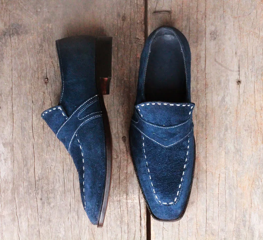 Men's Handmade Navy Blue Suede formal shoes Slip On Slippers Penny Loafers Shoes