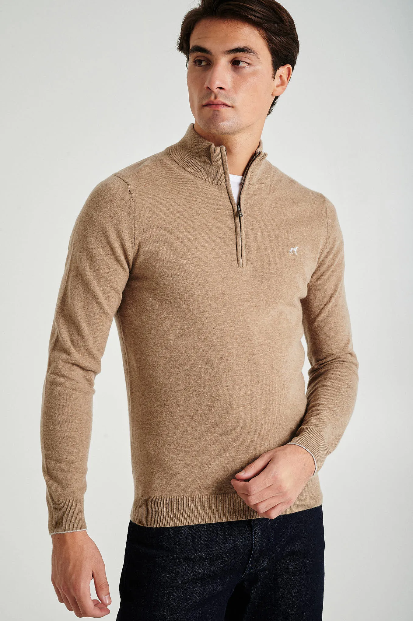 Men's lambswool blend high zip collar sweater