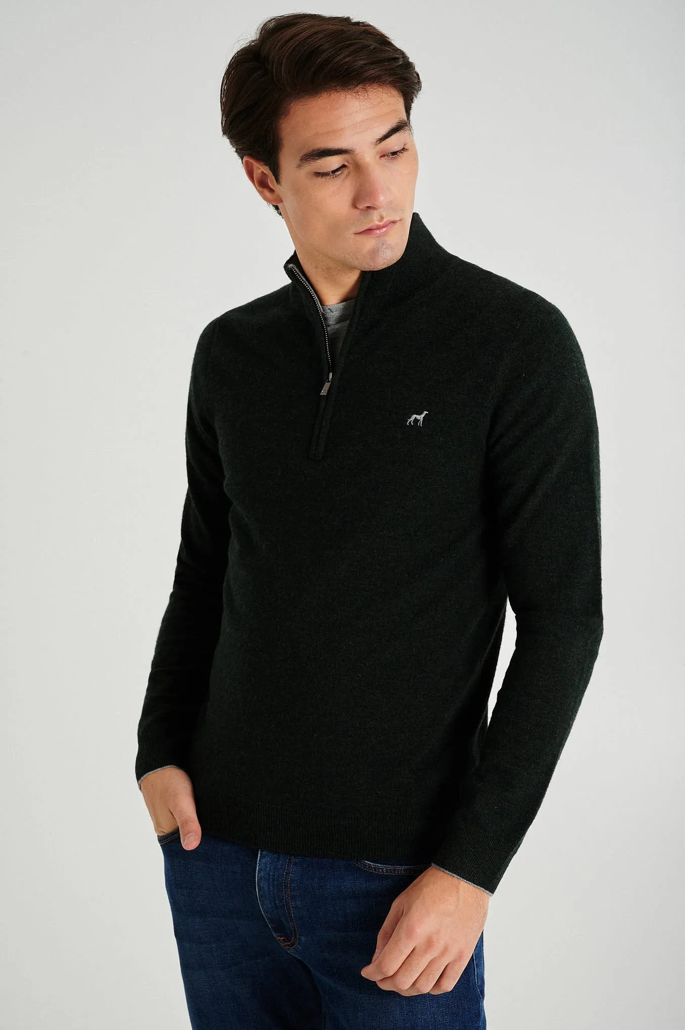 Men's lambswool blend high zip collar sweater