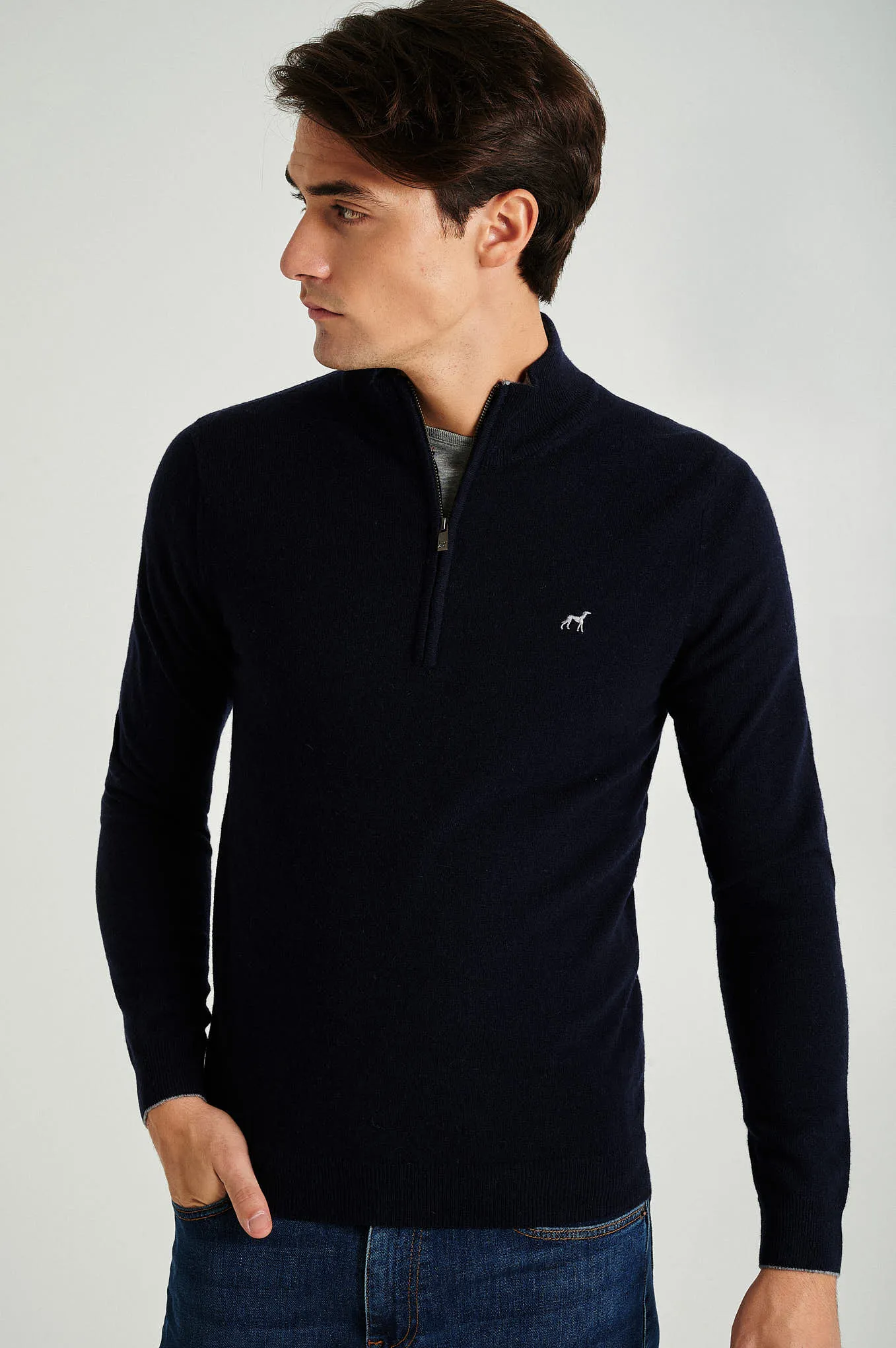 Men's lambswool blend high zip collar sweater