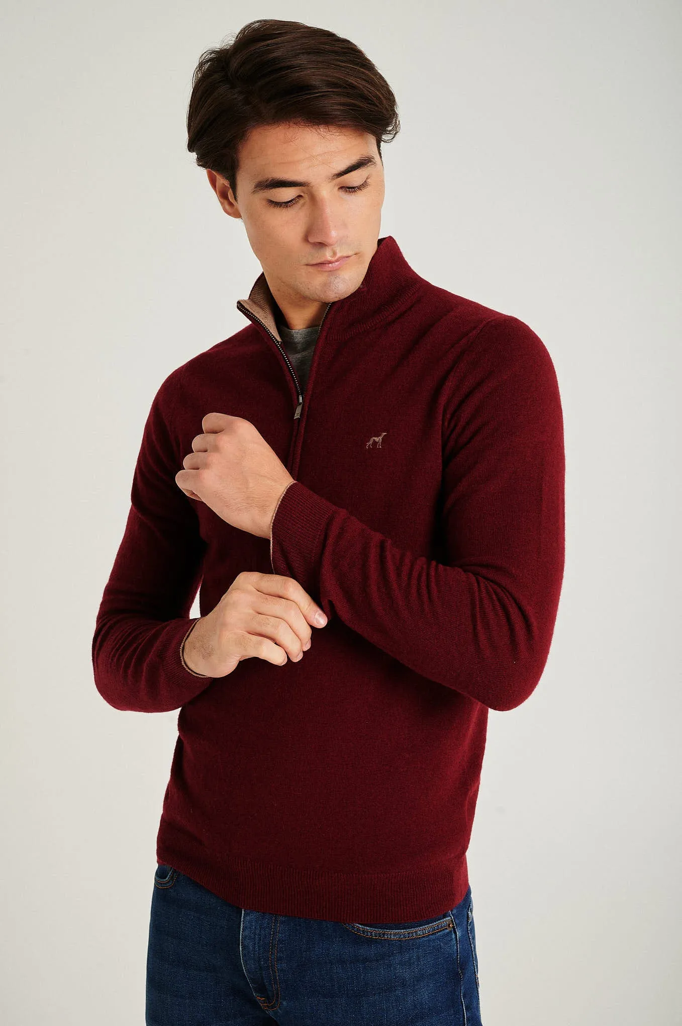 Men's lambswool blend high zip collar sweater