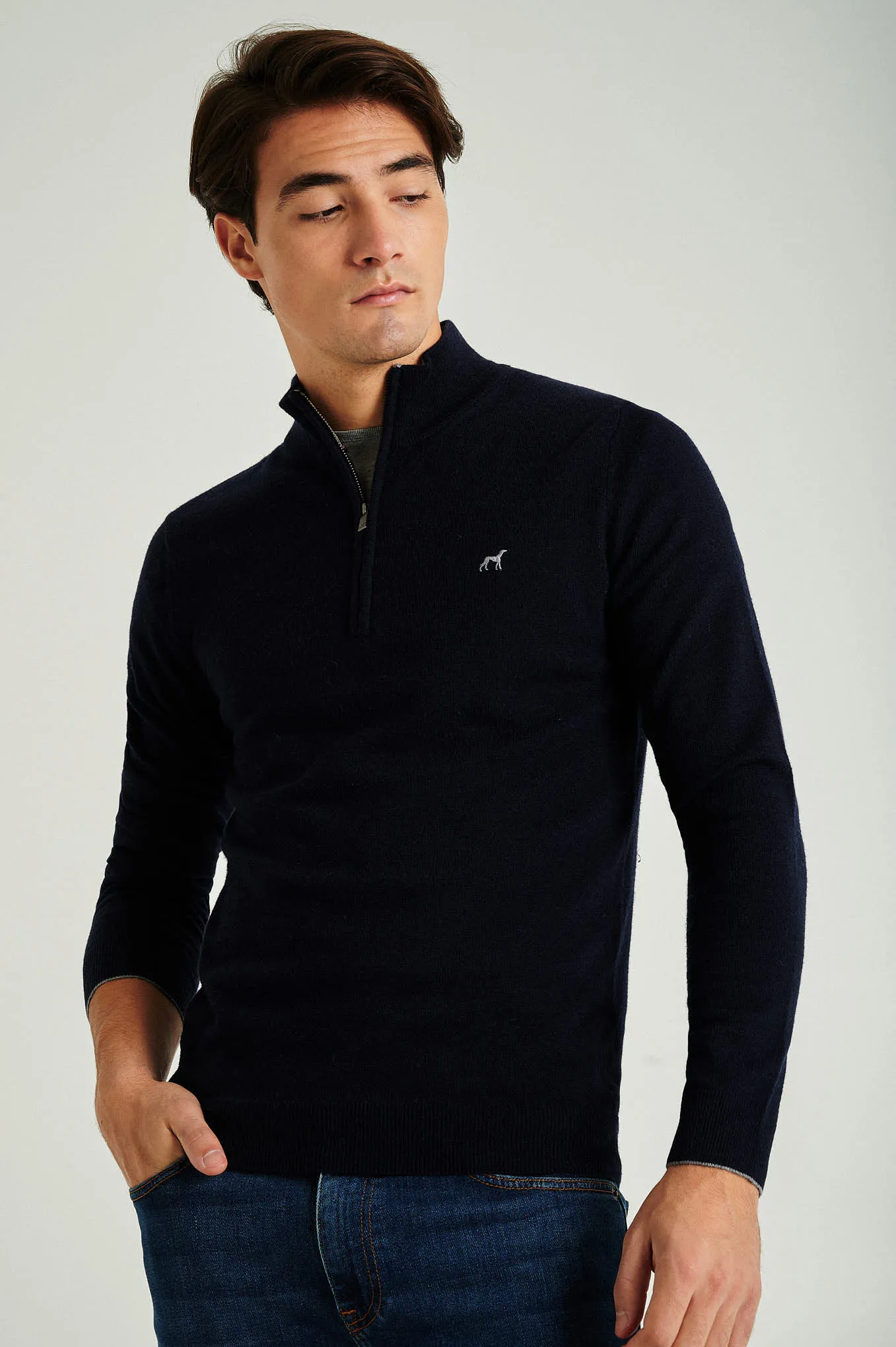 Men's lambswool blend high zip collar sweater