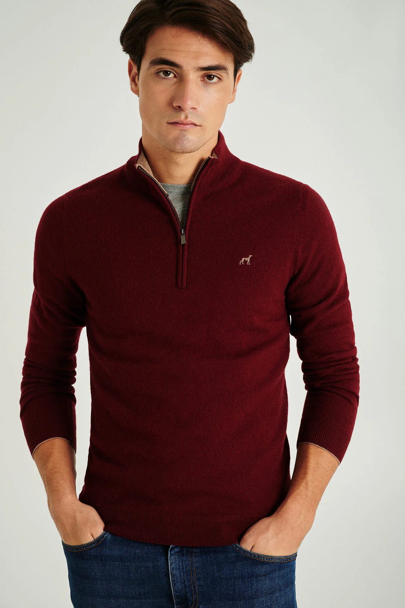 Men's lambswool blend high zip collar sweater