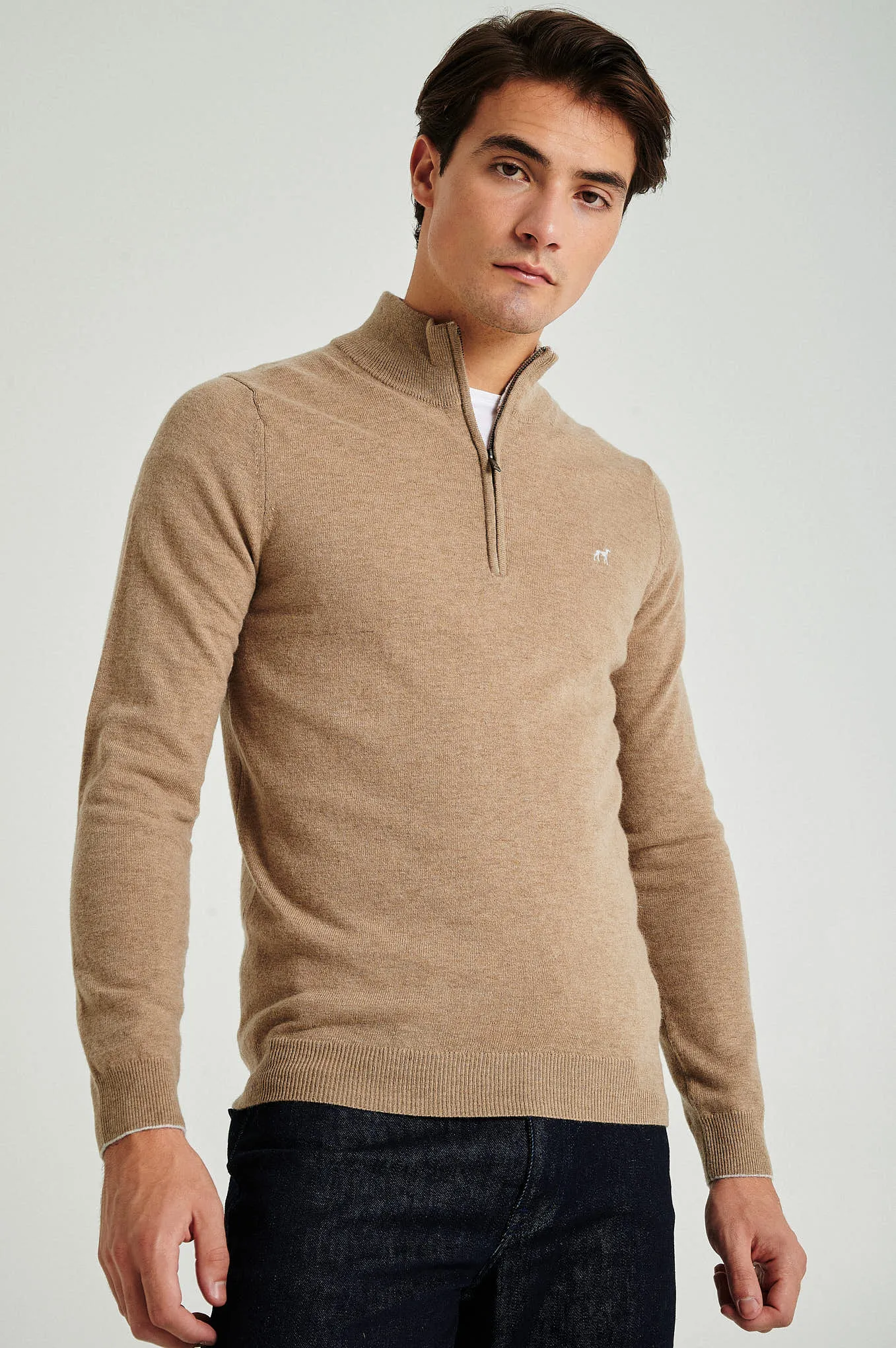 Men's lambswool blend high zip collar sweater