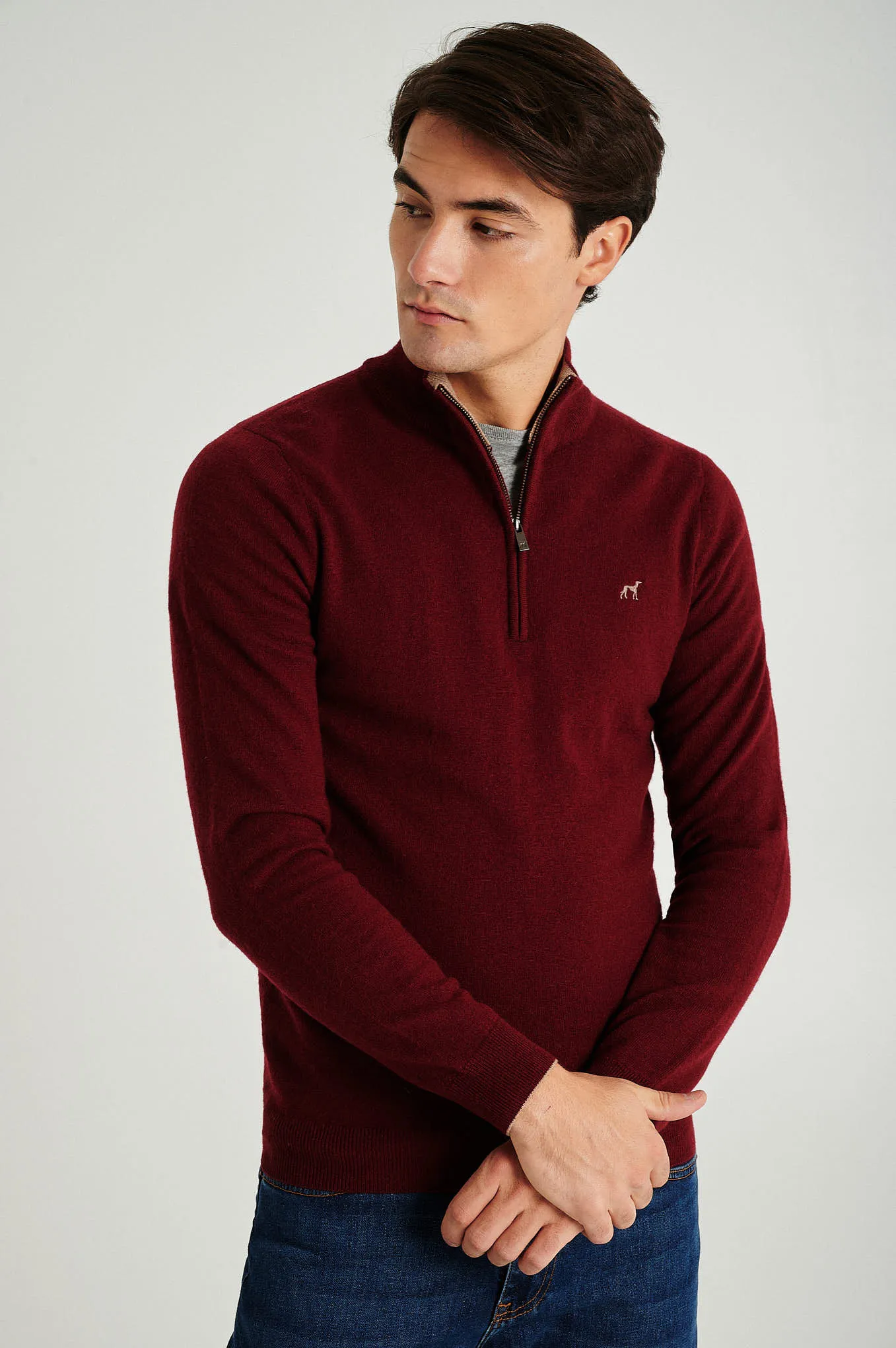 Men's lambswool blend high zip collar sweater