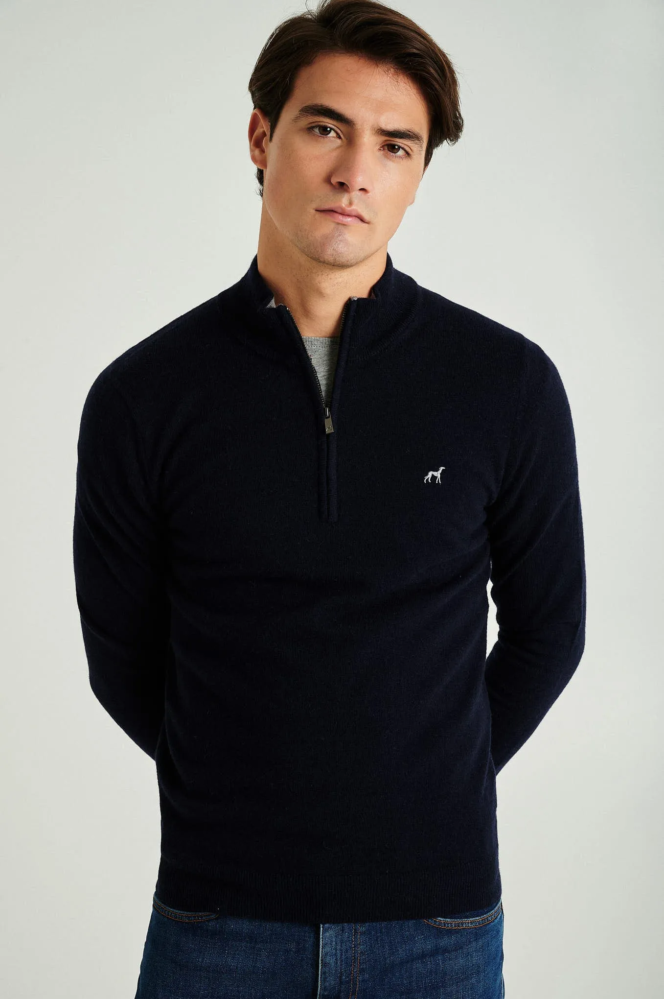 Men's lambswool blend high zip collar sweater